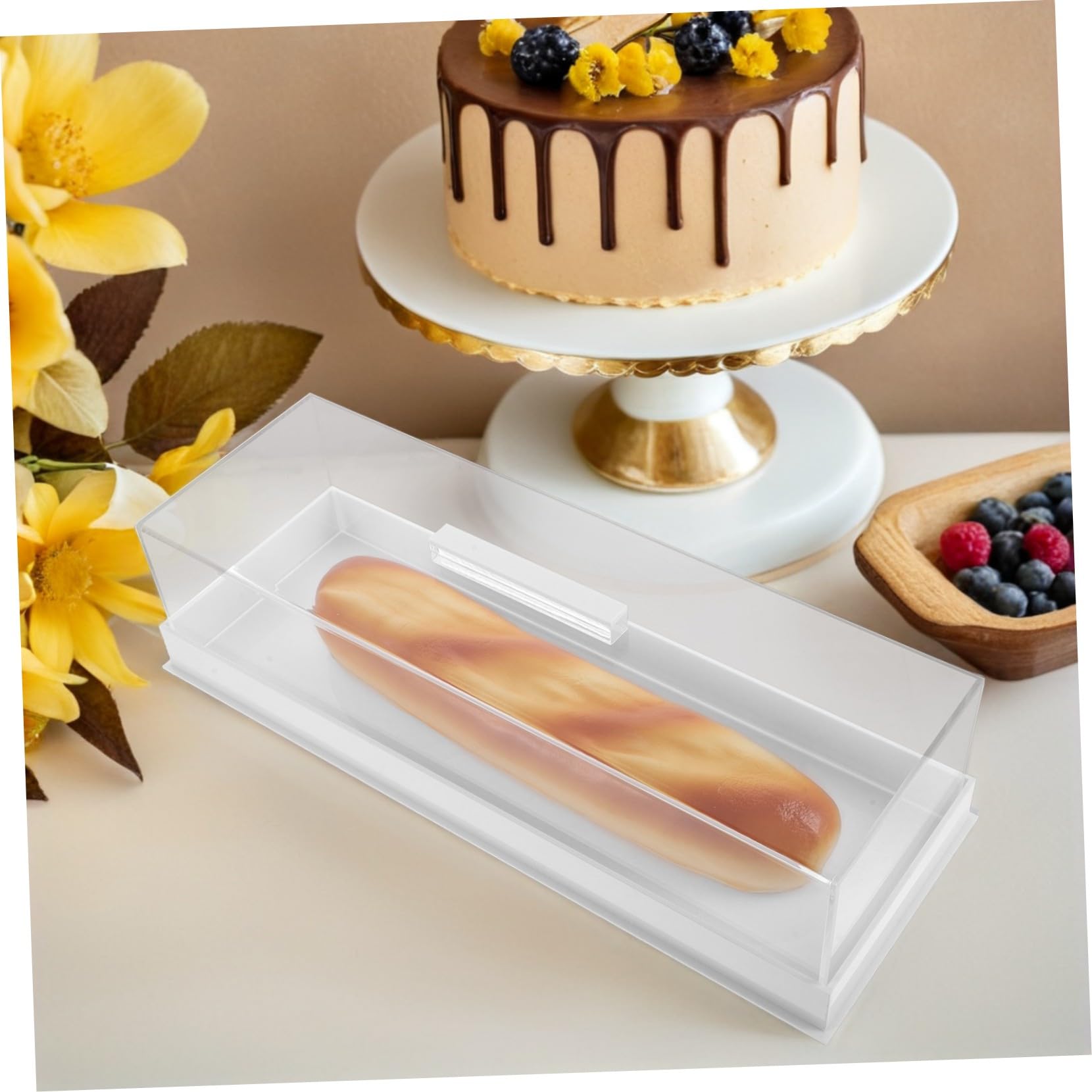 Caja de Presentación Rectangular de Acrílico para Pasteles con Tapa Bandeja de Pan para Panadería Cafetería y Hogar Soporte de Postre Transparente