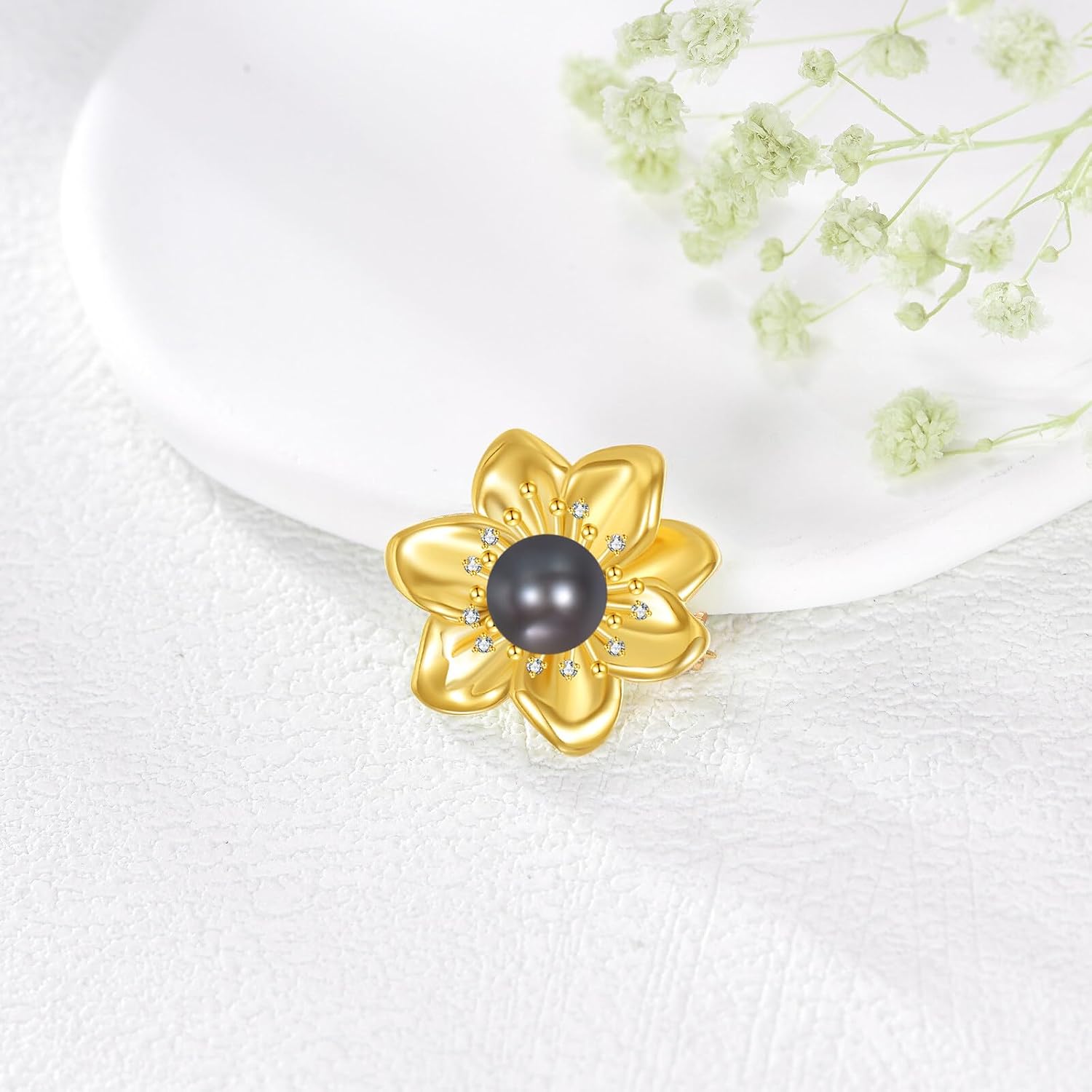 Diamonds Flower Brooch for Women, 925 Sterling Silver Black Freshwater Pearl Pins with Lab Grown Diamonds for Clothes, Flower Brooches Jewelry Gifts Christmas Mothers Day Birthday