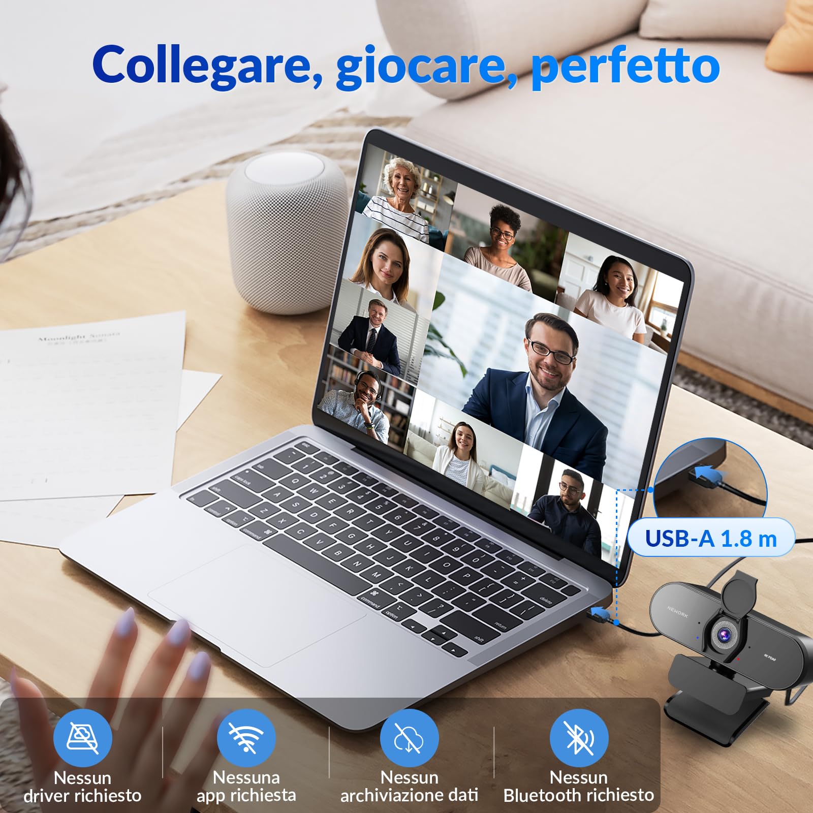 Webcam 4K con Autofocus PDAF+CDAF, Microfoni a Doppia Riduzione del Rumore, 1080P@60FPS, Correzione Automatica della Luce, USB Plug & Play, Copriobiettivo Privacy, Angolo di Visione 79°