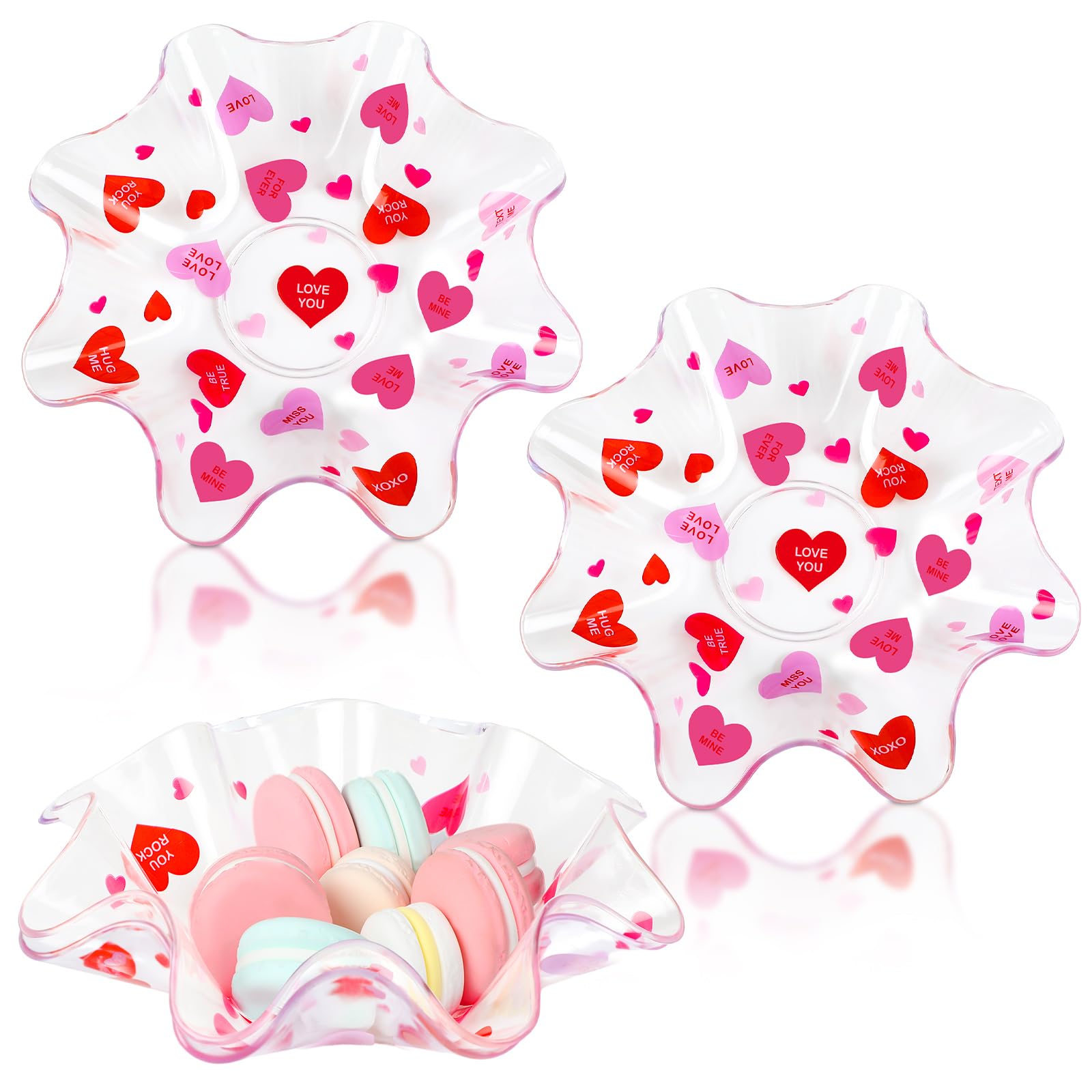 Tioncy 4 Pcs Valentine's Day Plastic Bowls Conversation Heart Bowls 8 Inches Pink and Red Serving Tray Snack Candy Dish Plates for Valentines Wedding Party Supplies