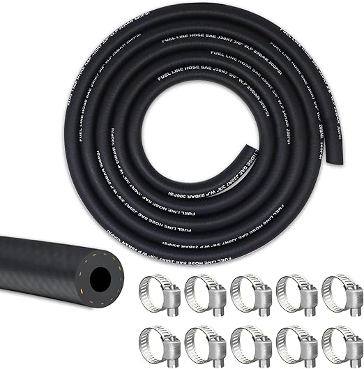 3/8 Fuel Line, Fuel Line Hose 10 Feet, NBR Rubber Gasoline Tube with 10 PCS Stainless Steel Fuel Line Clamps, Fuel Line Kit