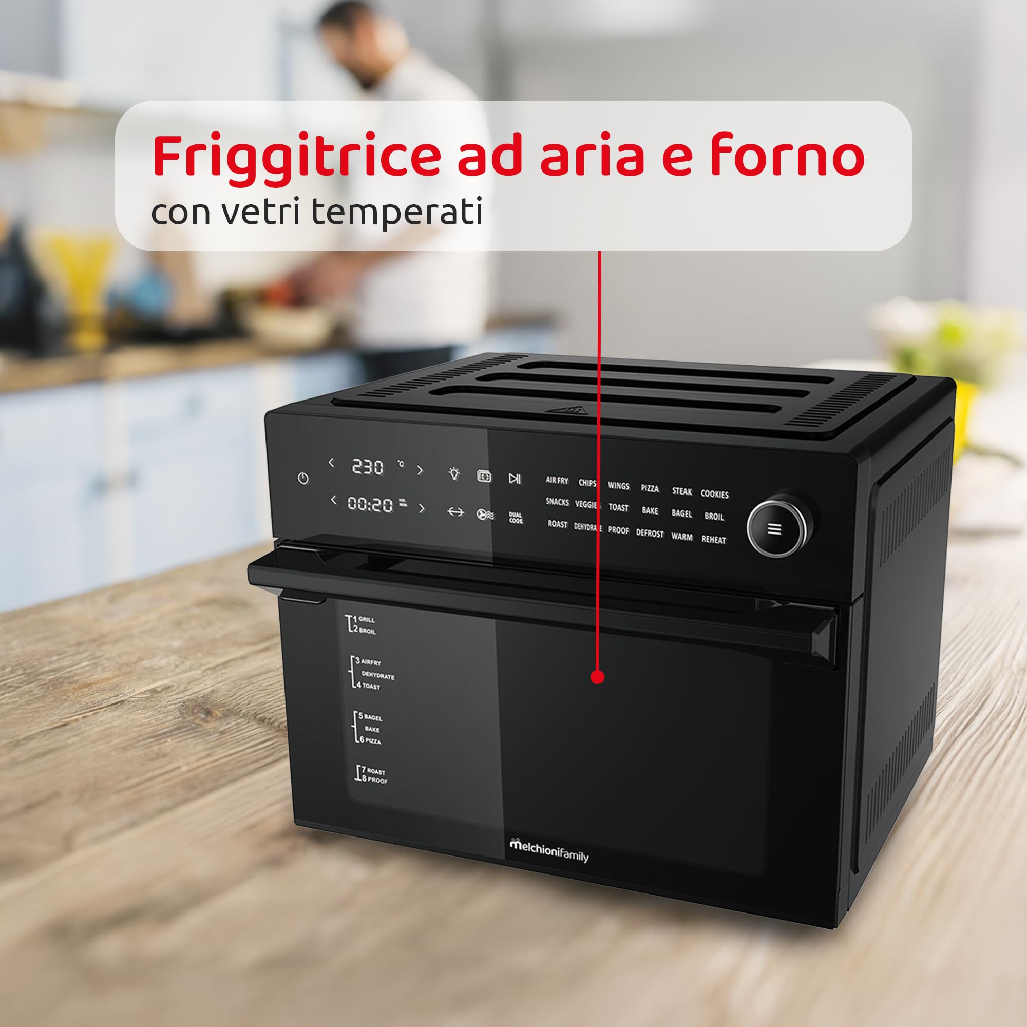 Melchioni Family | Friggitrice ad Aria BENEDETTA Capacità 30 litri, Display Digitale, Funzione Dual Cook, Air Fryer con 18 Programmi, 30-230°, Timer 12h, Colore Nero