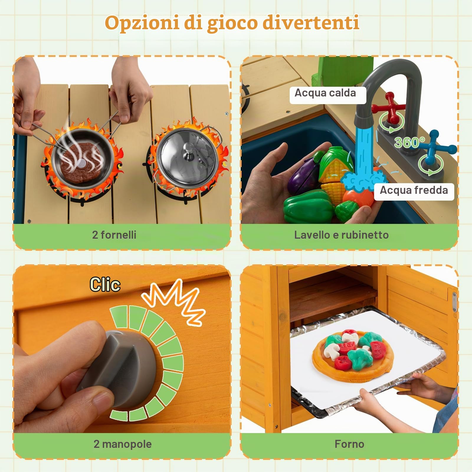 FANTASK Cucina di fango in legno per esterni, cucina giocattolo con accessori, cucina per bambini con fornelli realistici & rubinetto & lavello & forno, cucina da giardino per bambini dai 3 anni in su