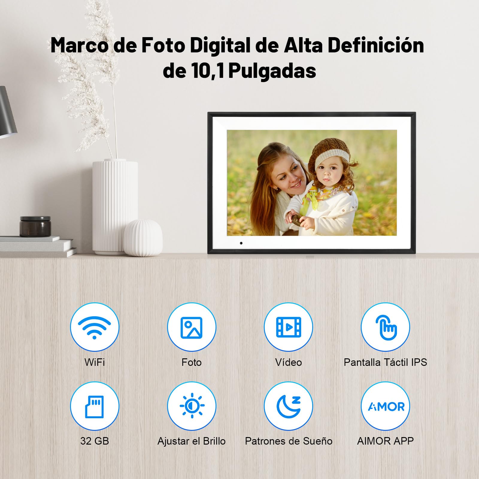 AEEZO 32 GB Marco de Fotos Digital WiFi de 10,1 Pulgadas, Pantalla Táctil IPS de 1280 x 800,Rotación Automática,Comparta Fotos y Videos a Través de la App