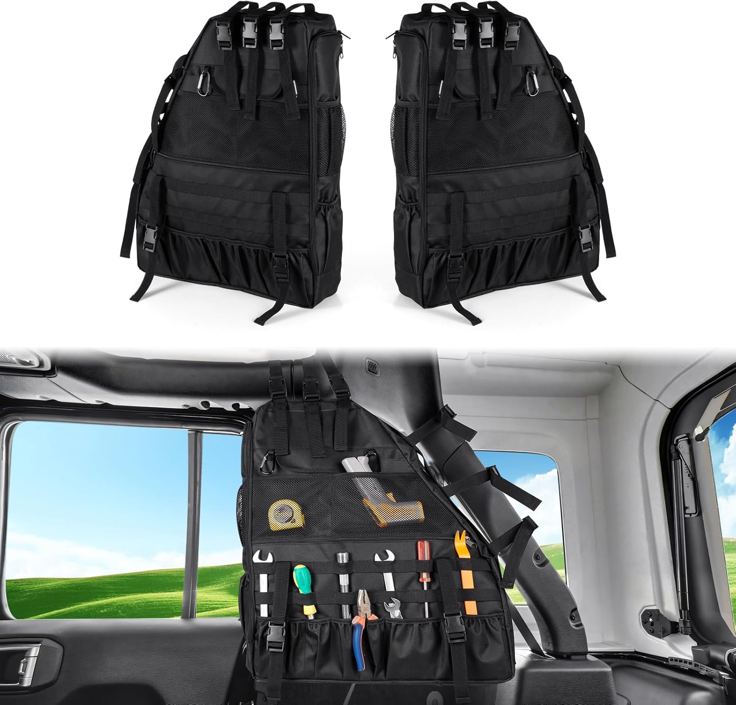 Roll Bar Storage Bag Fit for 1997-2025 Jeep Wrangler JK TJ LJ & Unlimited JL 4-Door,Multi-Pocket Cargo Cage Organizer,Oxford Saddlebag Tool Organizer 2PCS Black