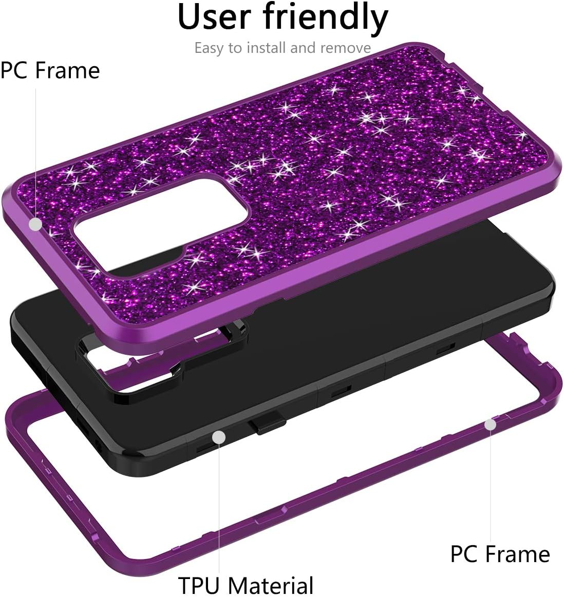 WeLoveCase LG G7 Case, LG G7 ThinQ Case Glitter Sparkle Design Three Layer Shockproof 3 in 1 Hybrid Heavy Duty Protective Cover Case for LG G7 Case (Purple)