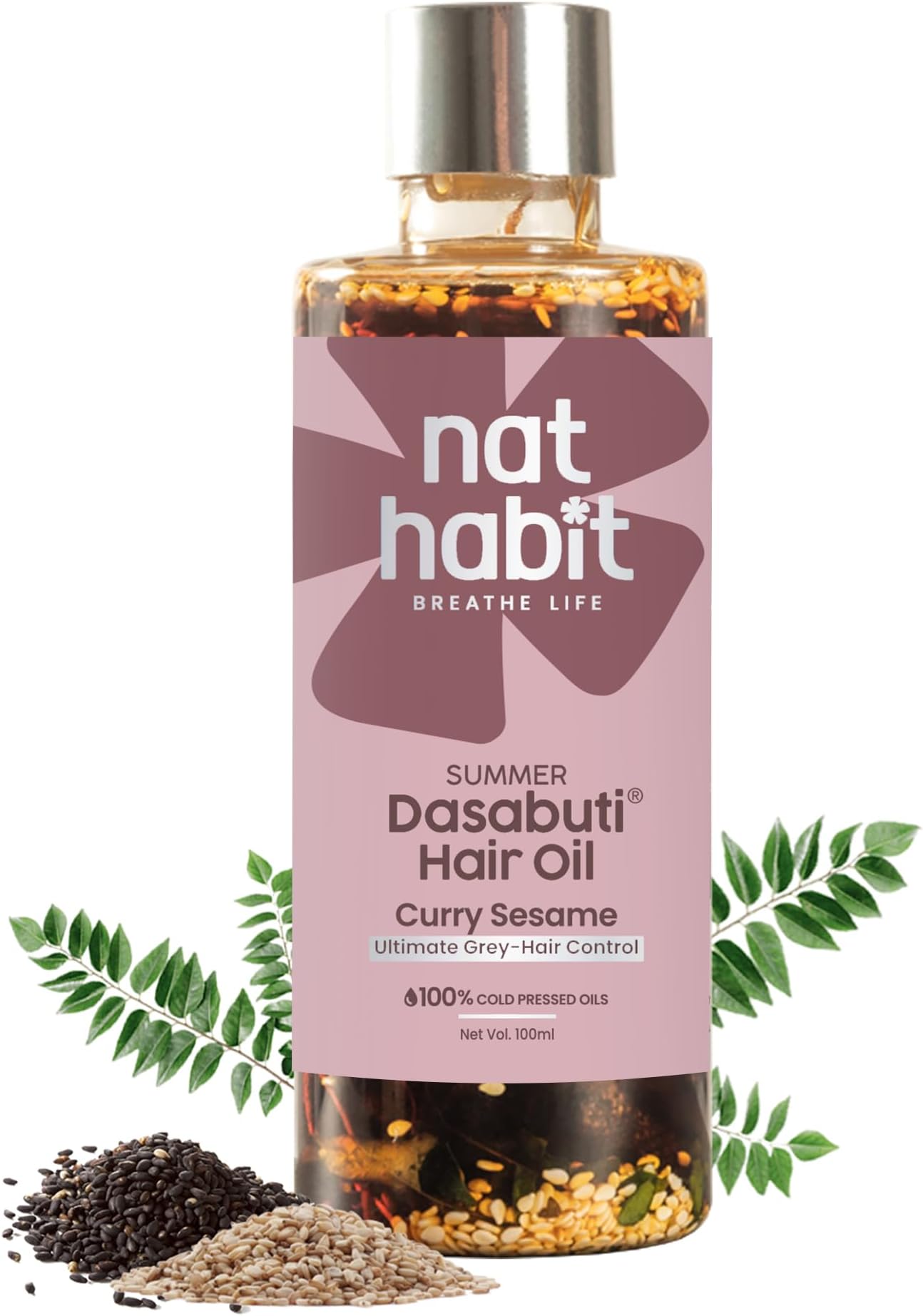 Nat Habit Curry Sesame Hair Oil For Oily, Normal, Curly, Colored Hair With 16 Herbs, Coconut & Amla (100ml)