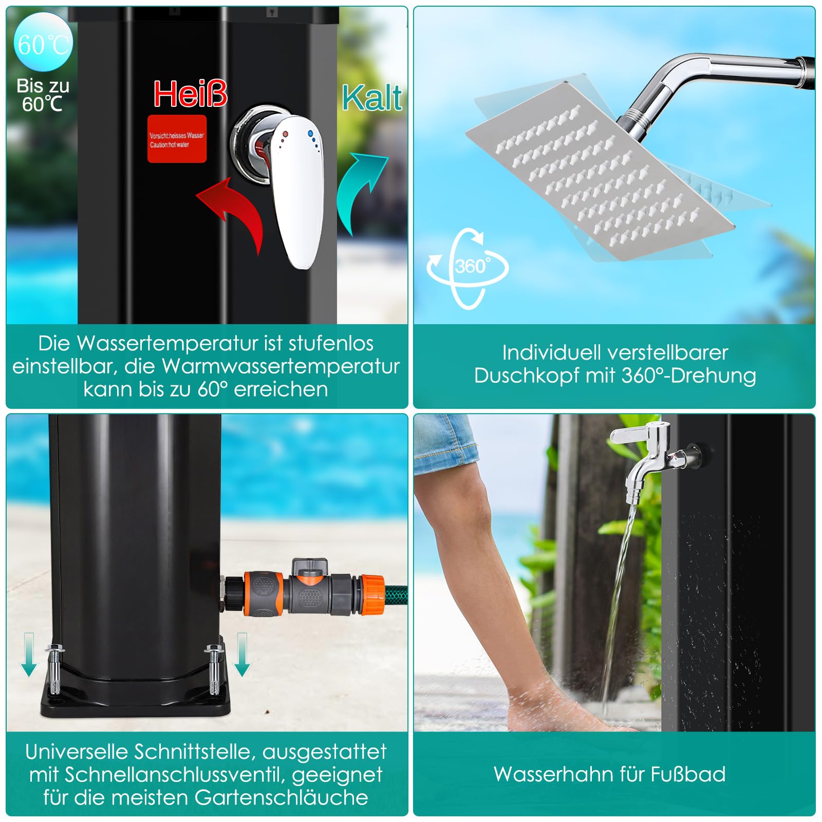 Ducha Solar 60 litros, Ducha de Jardín con Cabezal de Ducha, Grifo, Caja de Jabón y Cubierta Protectora, Temperatura del Agua hasta 60°C, Ducha de Piscina Camping sin Conexión Eléctrica