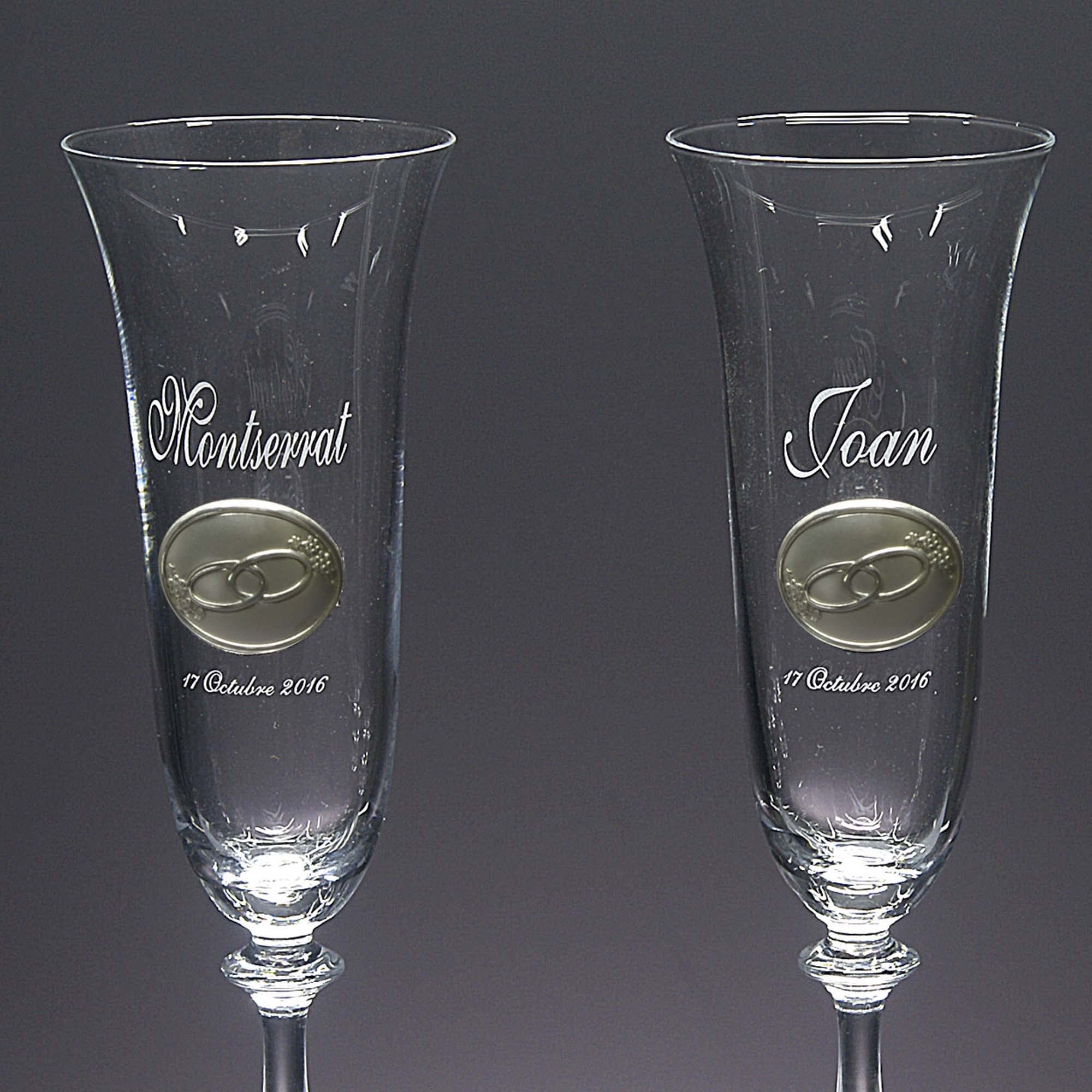 Gala&K | Set de 2 copas de cristal para champán+bandeja de cristal | Para novios | Bodas de plata/oro | Aplique bilaminado | Colección ANGELA-ALIANZAS+GRABADO LASER | Grabación personalizada.