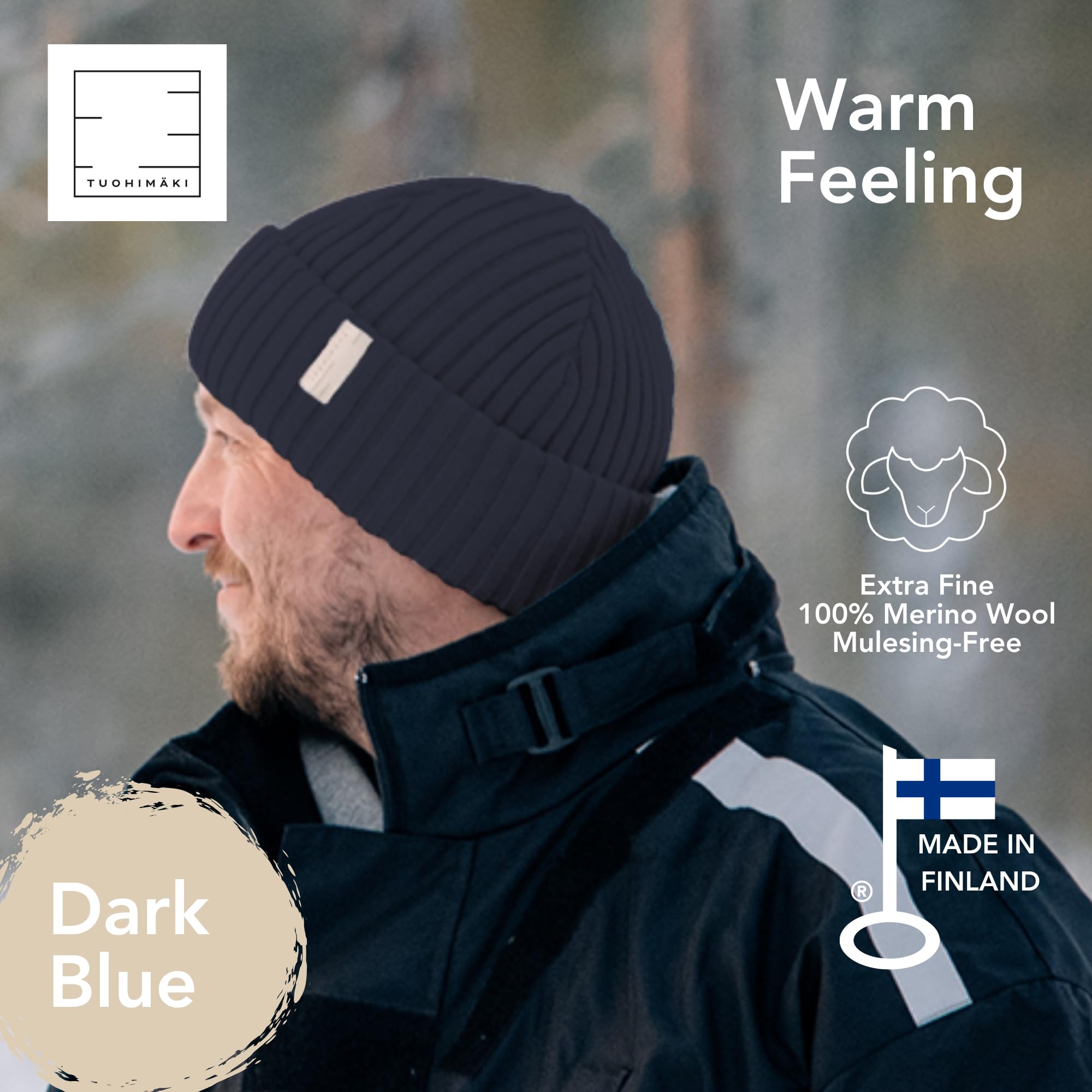 Gorro de Lana Merino para Mujer, 100% Lana Merino Extrafina, sin Mulesing – Fabricado en Finlandia – Azul Oscuro, Talla Única – Gorro de Invierno Suave y Transpirable