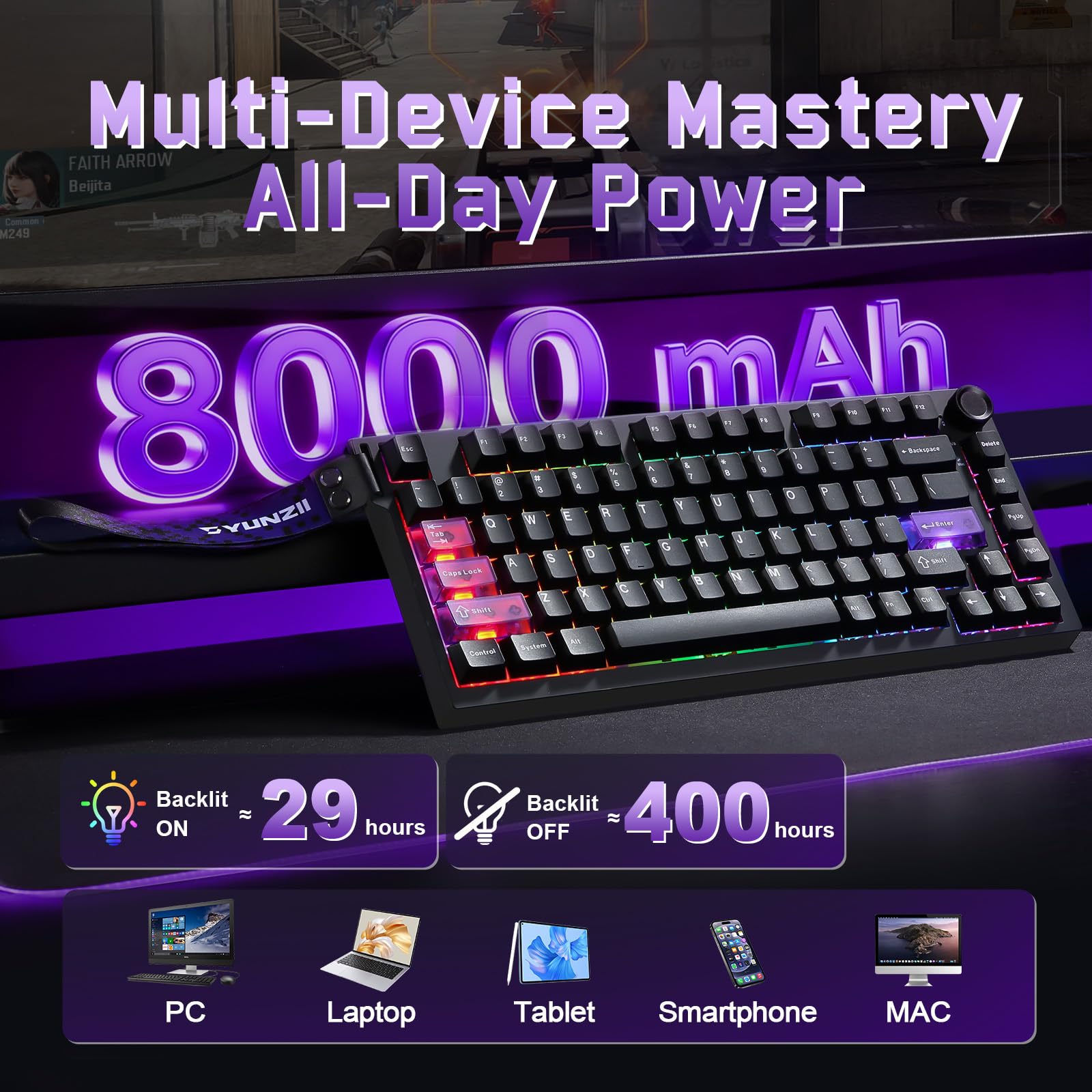 YUNZII RT75 PRO Tastiera Gaming Meccanica, Switch Hall Effect, Rapid Trigger, Bluetooth/USB-C/2.4G, 8KHz, Pulsante Regolabile, RGB, 75% Compatta, 8000mAh, TGL/SOCD/DKS/MT (Nero)