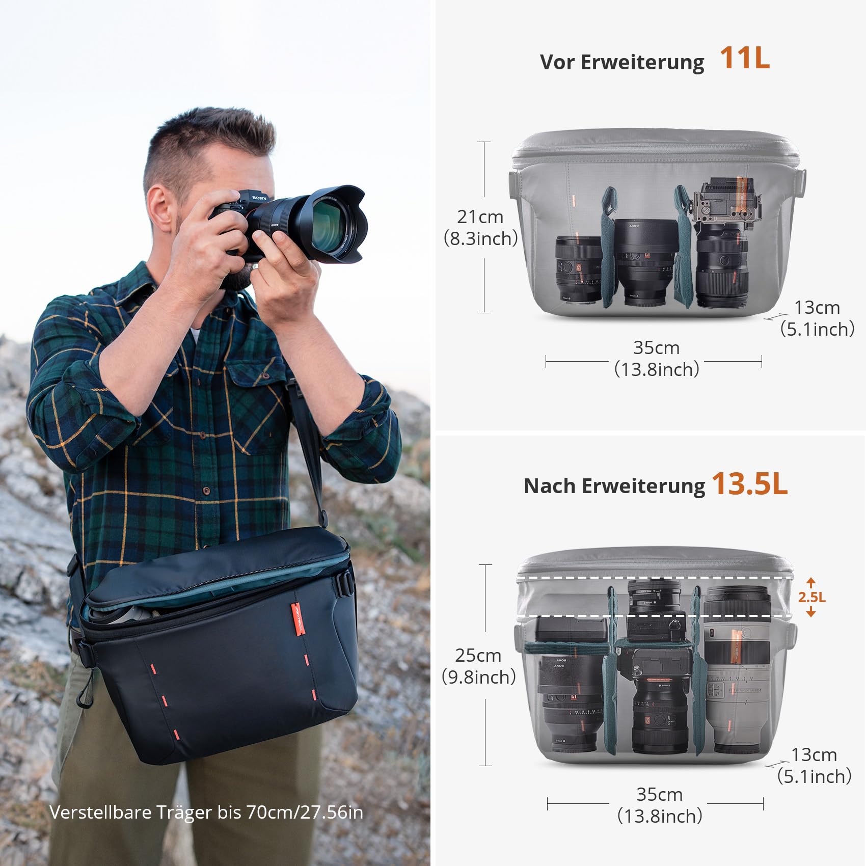 PGYTECH OneMo Sling Kameratasche 11L-13L, wasserdichte Fototasche Kamera-Umhängetasche Herren Schultertasche, SLR Tasche für Sony/Canon/Nikon/DJI Mini 4 Pro/Avata 2/Mavic/Stativ/Laptop, Schwarz