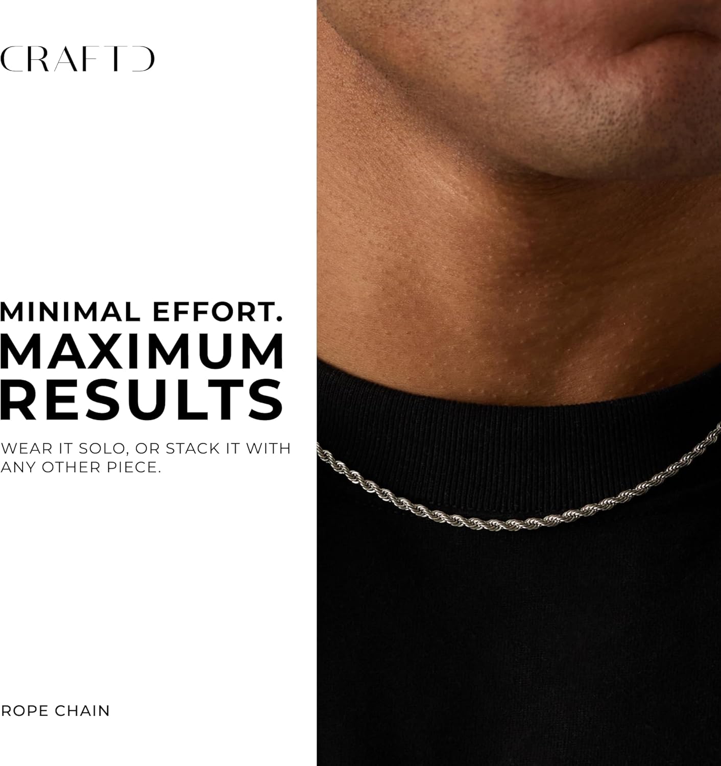 CRAFTD - Silver Rope Link Chain - Durable Rhodium & 316L Stainless Steel - Waterproof, Heat & Sweat Resistant - Gifts for Men - Men's Jewelry - Image 2