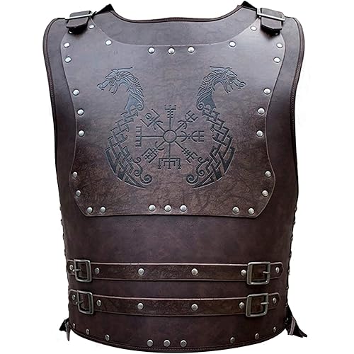 Viking Leather Armor - Medieval Leather Chest Vest Brown with Vegvisir and Dragon Boat Pattern