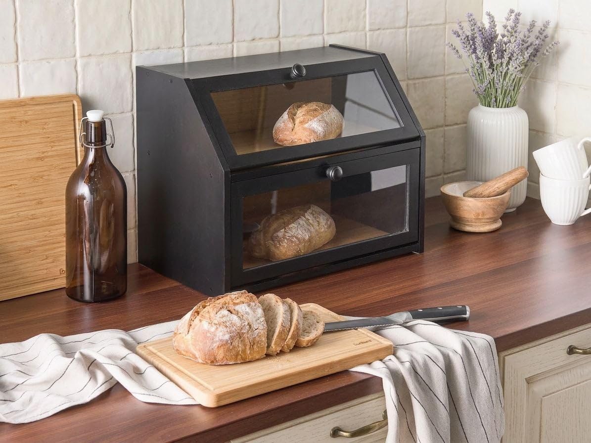Chlebak bambusowy dwupoziomowy pojemnik na pieczywo 42 x 25 x 33 cm z przezroczystym okienkiem czarny Croute