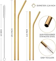 Vista 2 de Hiware Paquete de 12 pajitas de acero inoxidable doradas reutilizables con estuche, pajitas de metal para vasos de 30 onzas y 20 onzas, aptas