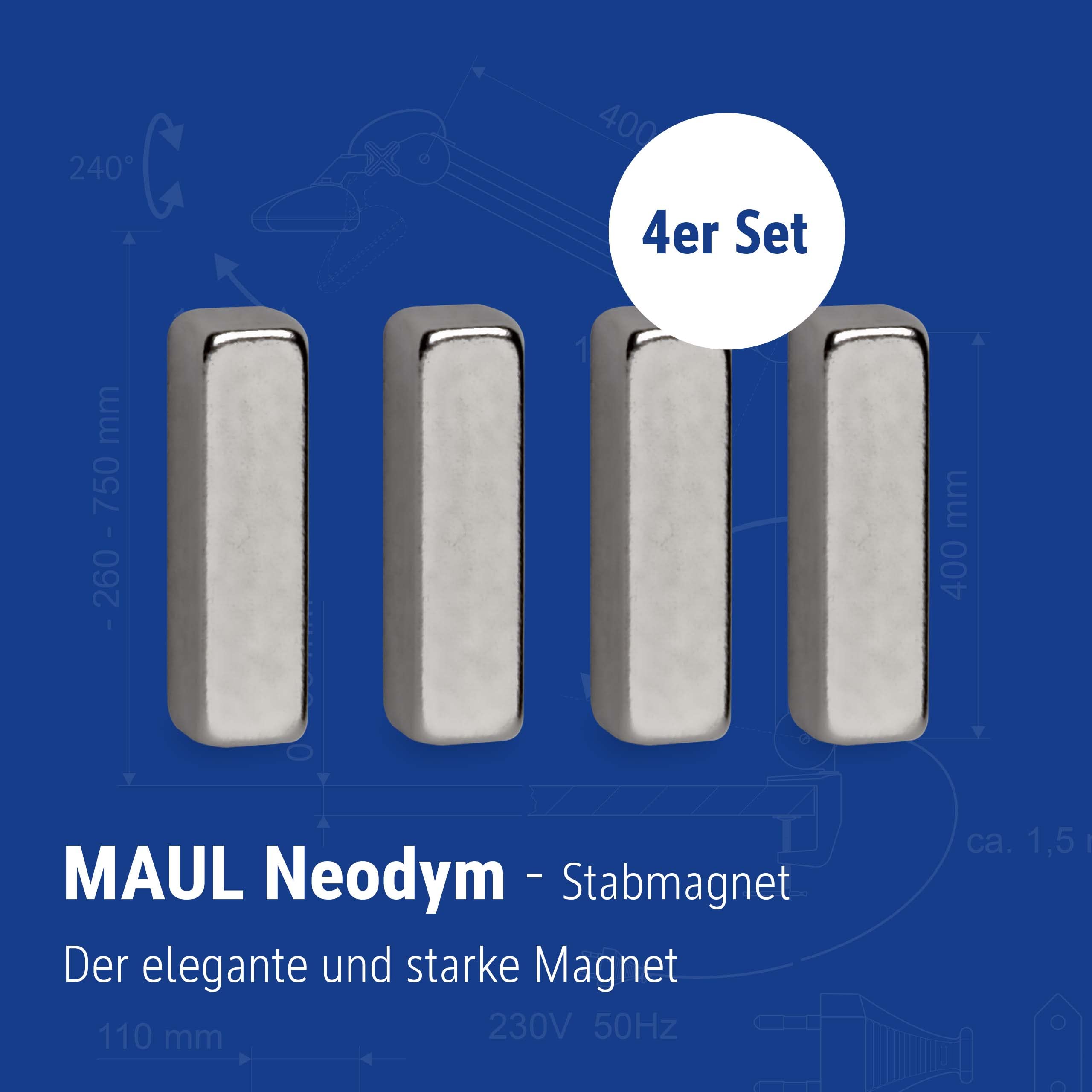 MAUL 6169096 Magnes Neodymowy, Siła Przyczepności 2 Kg, Rozmiar 4 X 15 Mm, 4 Sztuki, Kolor Jasnosrebrny
