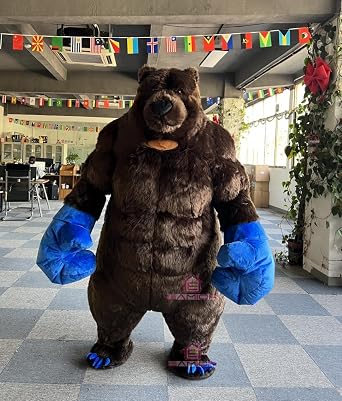 Plush Inflatable Dark Brown Boxing Bear Mascot Costume Air Blow up Funny Party Halloween Adult Costume