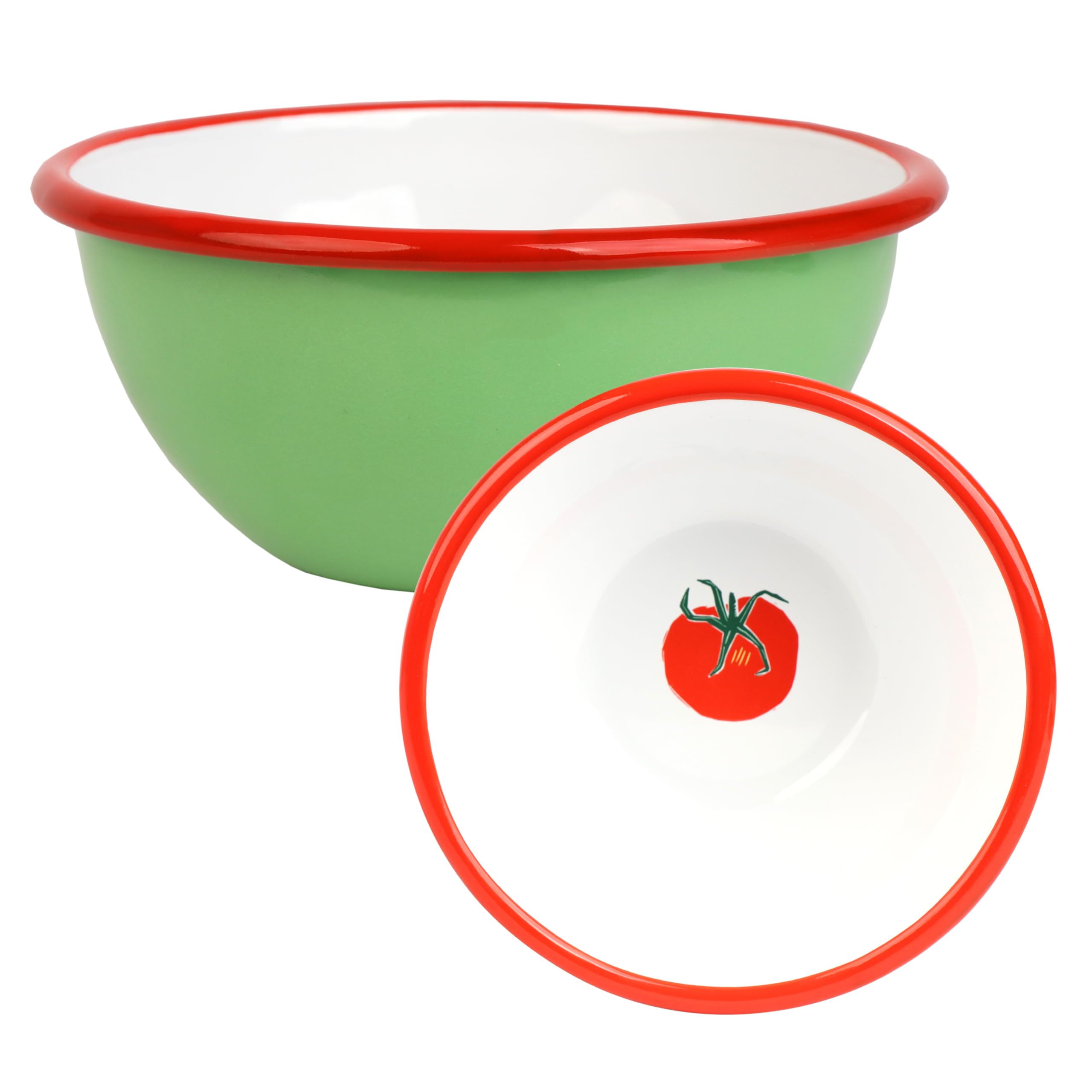 Talking Tables Handmade Green Enamel Bowl 14cm Tomato Motif Inside, Shatterproof & Dishwasher Safe, Reusable Tableware for Indoor & Outdoor Dining, Snacks, Desserts, BBQs & Picnics