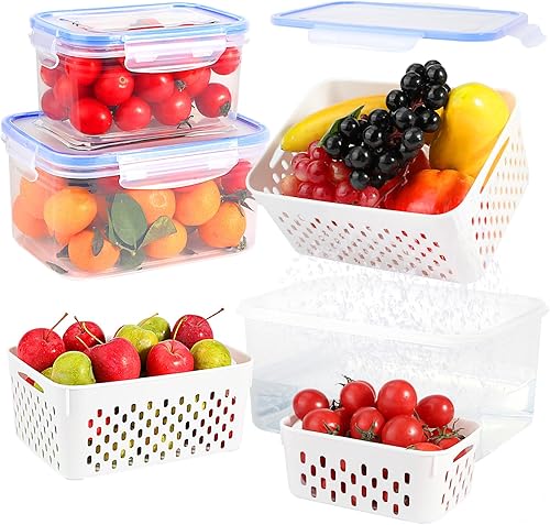 Paquete de 3 recipientes de almacenamiento de frutas para refrigerador, recipientes herméticos de almacenamiento de alimentos con colador extraíble,