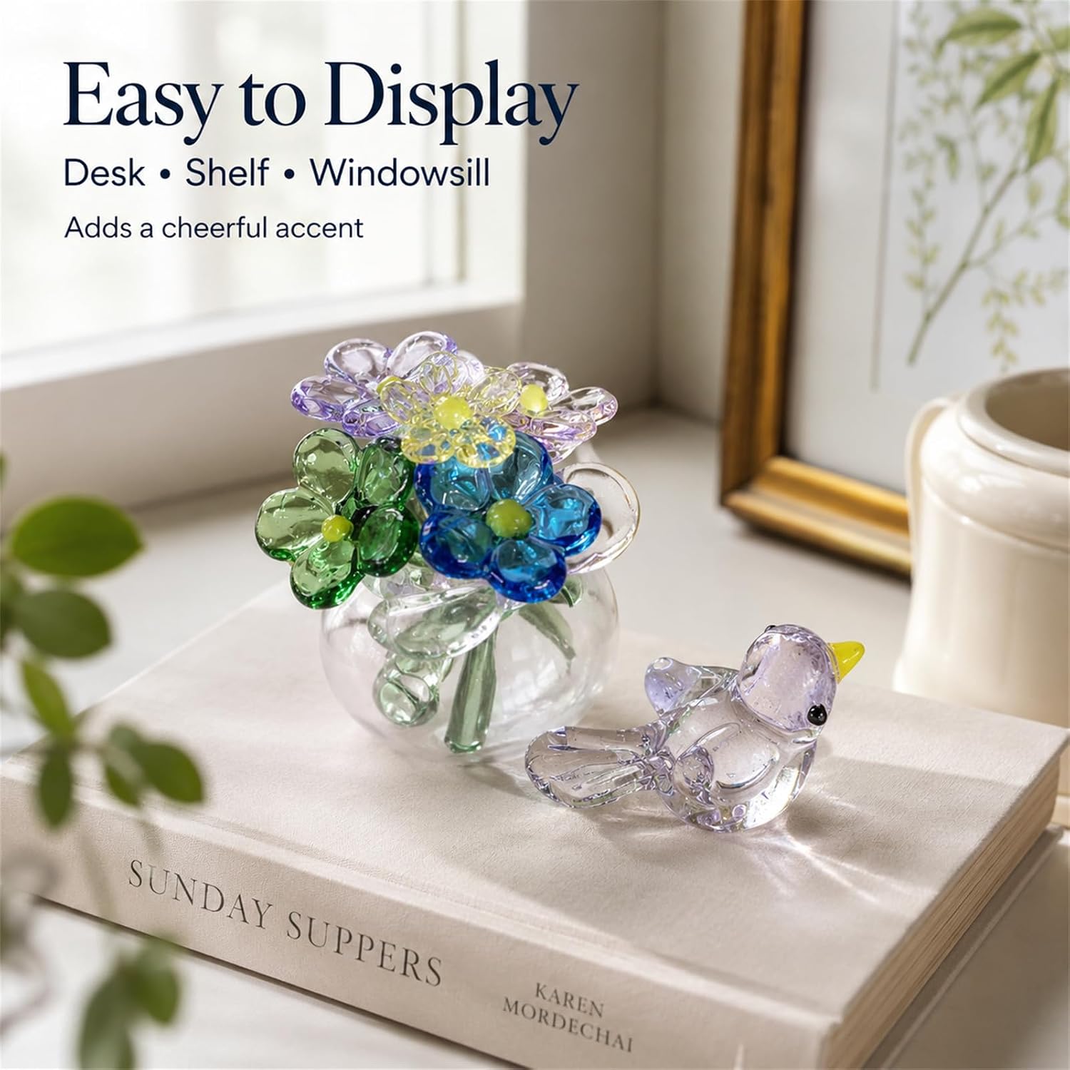 Mini Glass Flower Vase and Bird Figurine Set, Decorative Glass Flower Arrangement with Tiny Bird Ornament, Collectible Shelf Decor for Desk, Office, Bedroom Gift (Multicolor) image 5