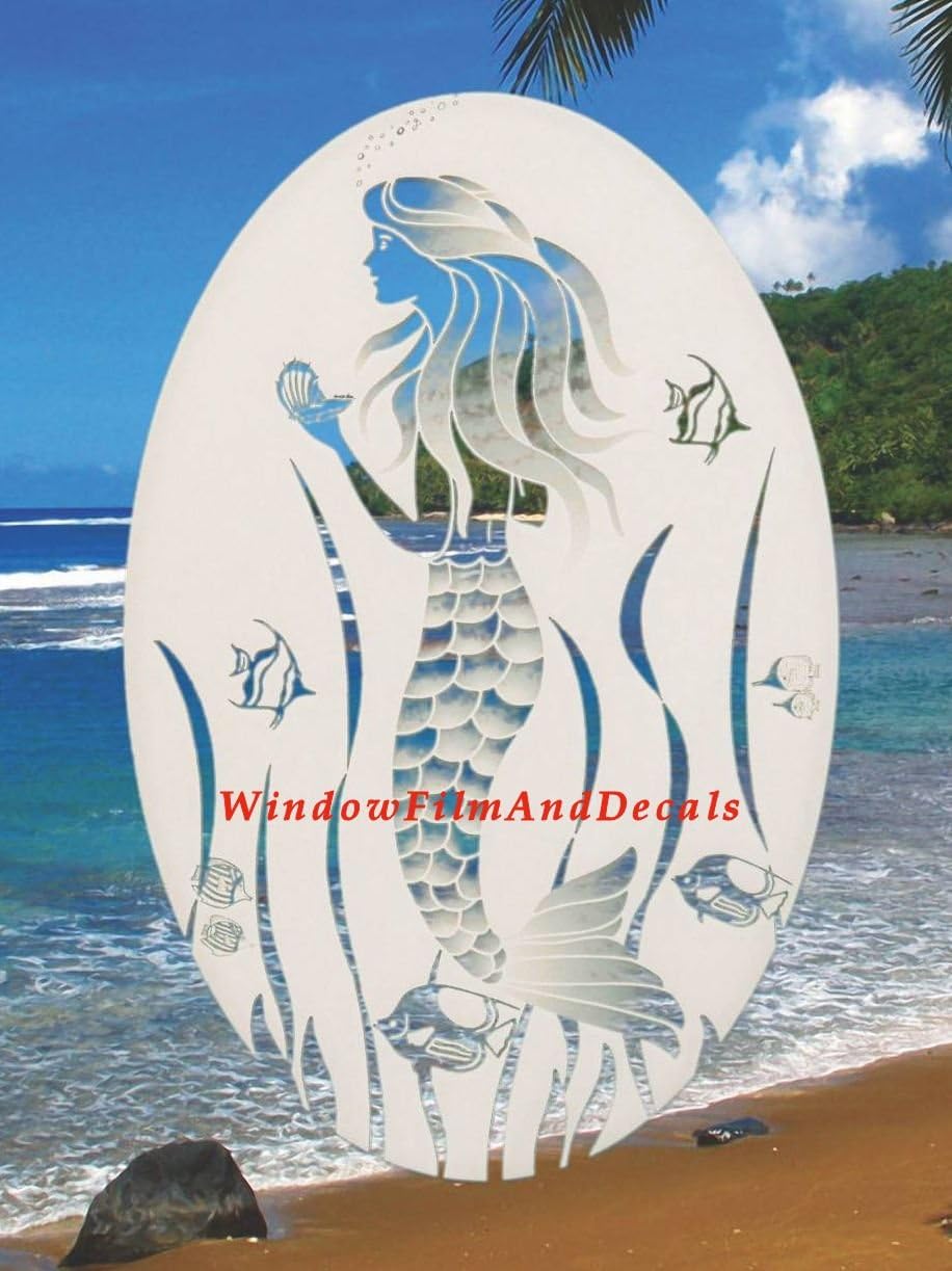 Oval Mermaid Etched Window Decal Vinyl Glass Cling - 15" x 23" - White with Clear Design Elements