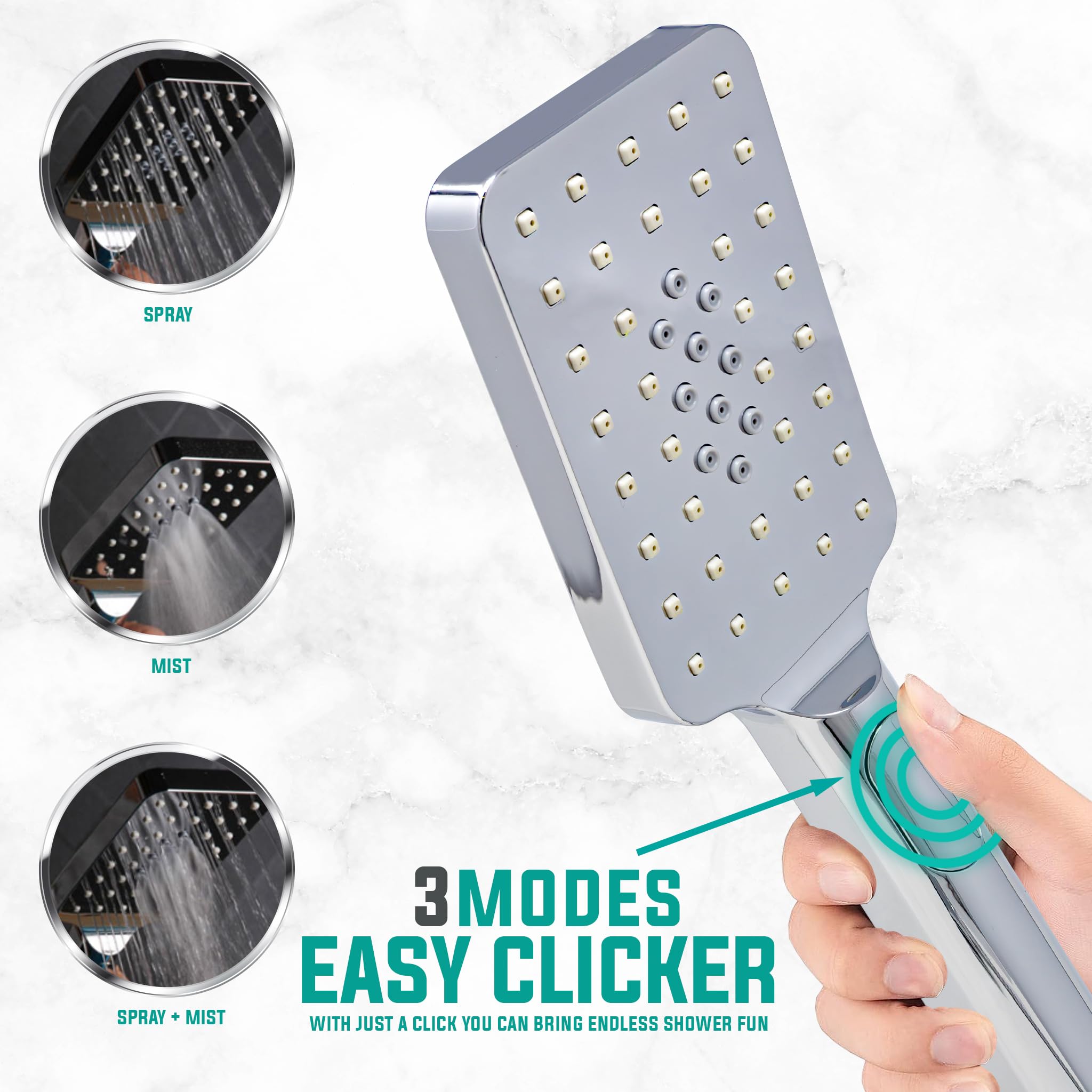 Metpure - Cabezal de ducha de mano de alta presión con fácil clic para múltiples pulverizaciones, cabezal de ducha rectangular ligero de perfil bajo, tubo de acero inoxidable y soporte de montaje