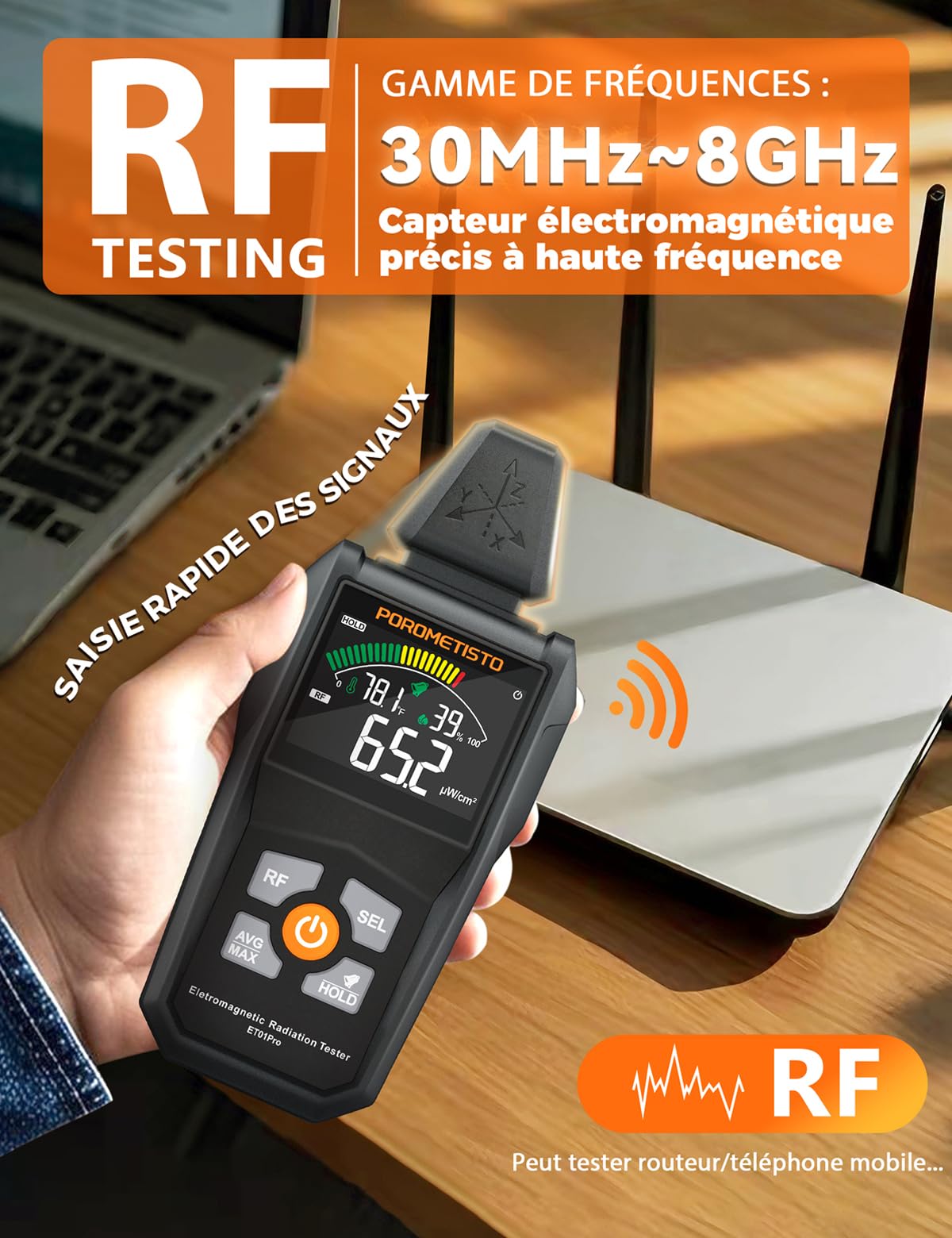 5-IN-1 Détecteur EMF POROMETISTO,avec Stockage des Données Et Batterie | Détecteur de Champ Électromagnétique Portable, Permettant la Mesure Simultanée des Données EF/MF/RF/Température/Humidité