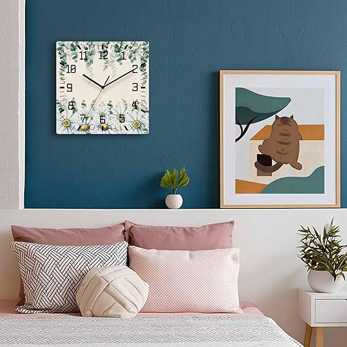 Miniatura 3 de Debedcor Daisy Eucalyptus Leaves Wooden Wall Clock Silent Non Ticking, Rustic Spring Floral Botanical Square Wall Clock Battery Operated, Decor