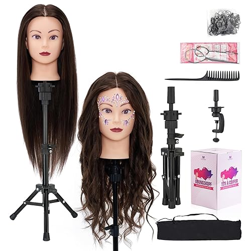 Cabeza de maniquí de 28 pulgadas con 80% cabello real, cabeza de muñeca de práctica de maniquí de cosmetología, cabeza de trenzado con soporte de