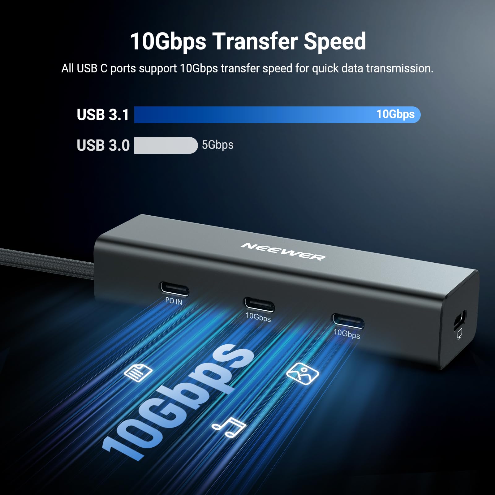 NEEWER Hub USB C Dock z mocowaniem Cold Shoe Mount, 4 w 1 USB 3.1 Gen2 Extender Multiport Adapter Dongle, ładowanie 100 W PD, 10 Gbit/s, 4K 60 Hz, kompatybilny z iPhone, iPad Mac Android, laptopami