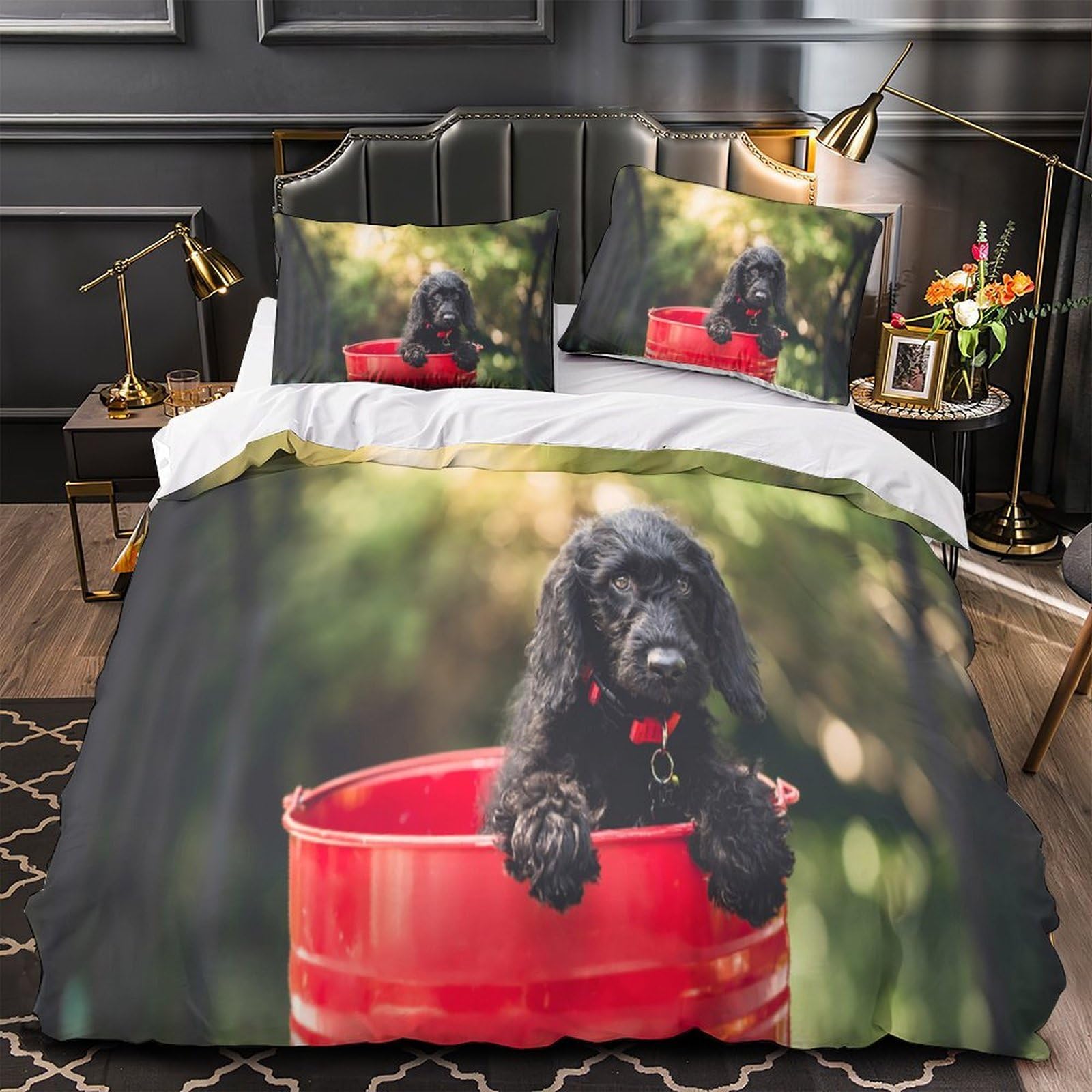 Housse de couette chiot noir parure lit 3D microfibre 135x200