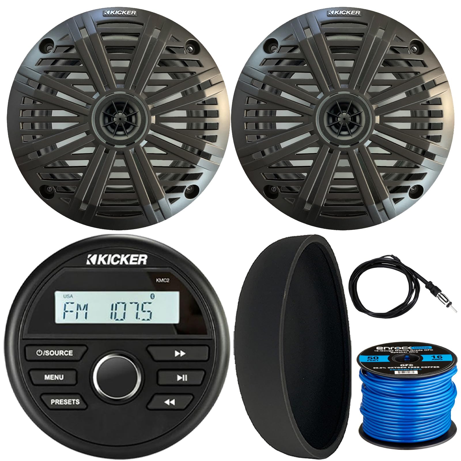 KICKER 46KMC2 Marine Bluetooth All-Weather AM/FM USB/AUX Gauge Style Media Center Receiver W/Black Cover, 2X 6.5 195W Max Power Coaxial Speaker W/Charcoal Grille, Radio Antenna, 50 Feet Speaker Wire