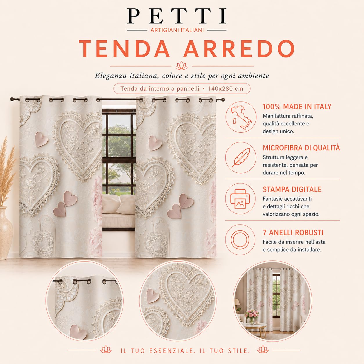 PETTI Artigiani Italiani - Tende a Pannelli per Interno con Anelli 2 Pezzi 140x280cm, Tenda Camera da Letto e Soggiorno Oscuranti Isolanti e Moderne, Floreale F150, 100% Made in Italy