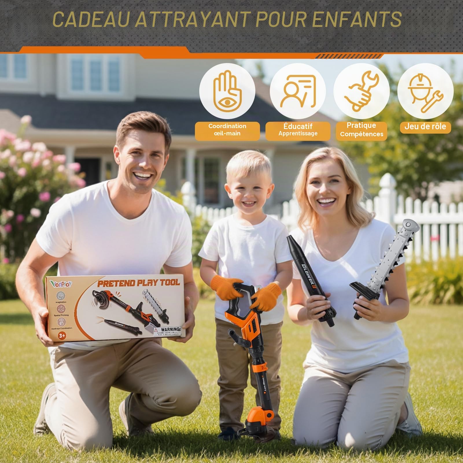 Outils de Jardin pour Enfants 3 en 1 - Débroussailleuse Enfant, Souffleur Enfant & Tronconneuse Enfant, Jouets de Jeu Imaginaires à L'extérieur & à L'intérieur pour Garçons Filles, Jouet Enfant 3 Ans