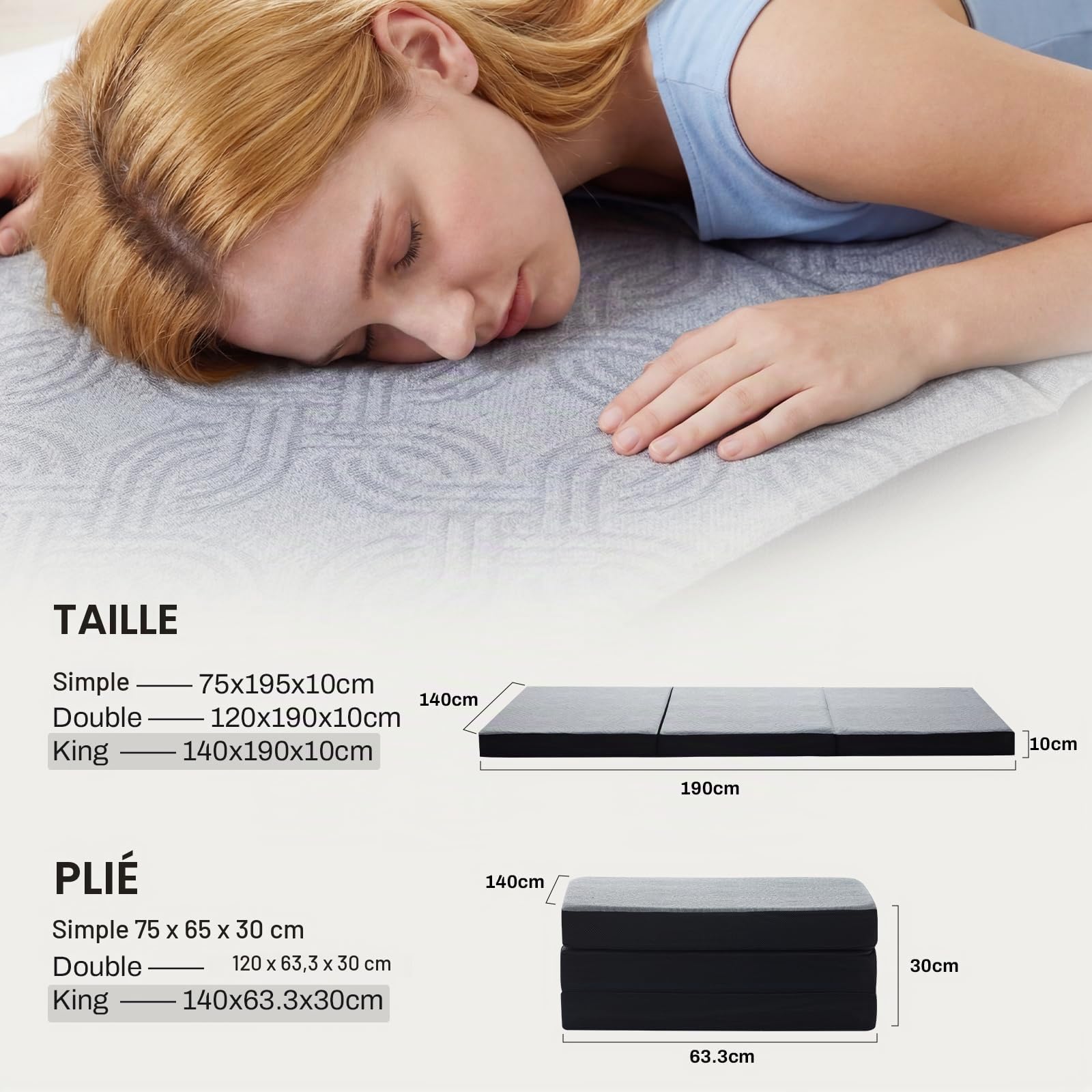 Matelas Pliable 140 x 190 x 10 cm, Matelas d'invité Pliant en 3 Parties | Matelas de Sol, Lit d'appoint Matelas, Matelas de Camping, en Mousse à Mémoire de Forme, avec Housse Lavable&Amovible