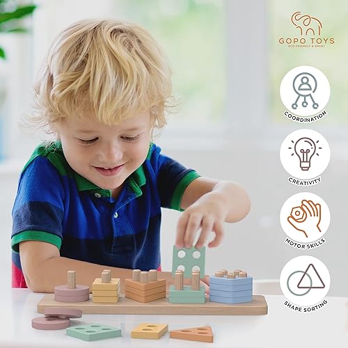 Miniatura 3 de GOPO TOYS Juguetes Montessori para niños de 1 año - Clasificador de formas de madera y rompecabezas apilables - Aprendizaje de niños pequeños,