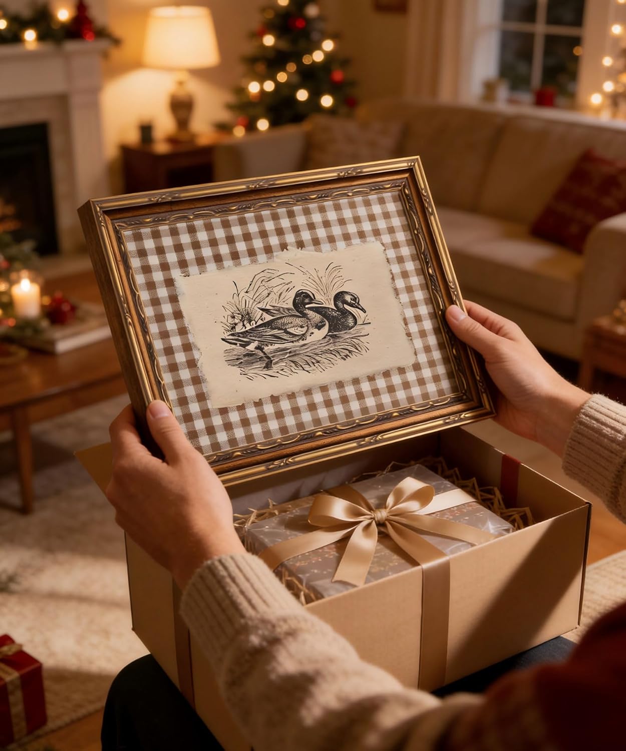 Vintage Gold Framed Wall Art Vintage Duck Wall Art Rustic Farmhouse Brown Gingham Duck Wall Decor Picture Country Cottage Illustration Poster Print Artwork for Living Room Bedroom 12x16in