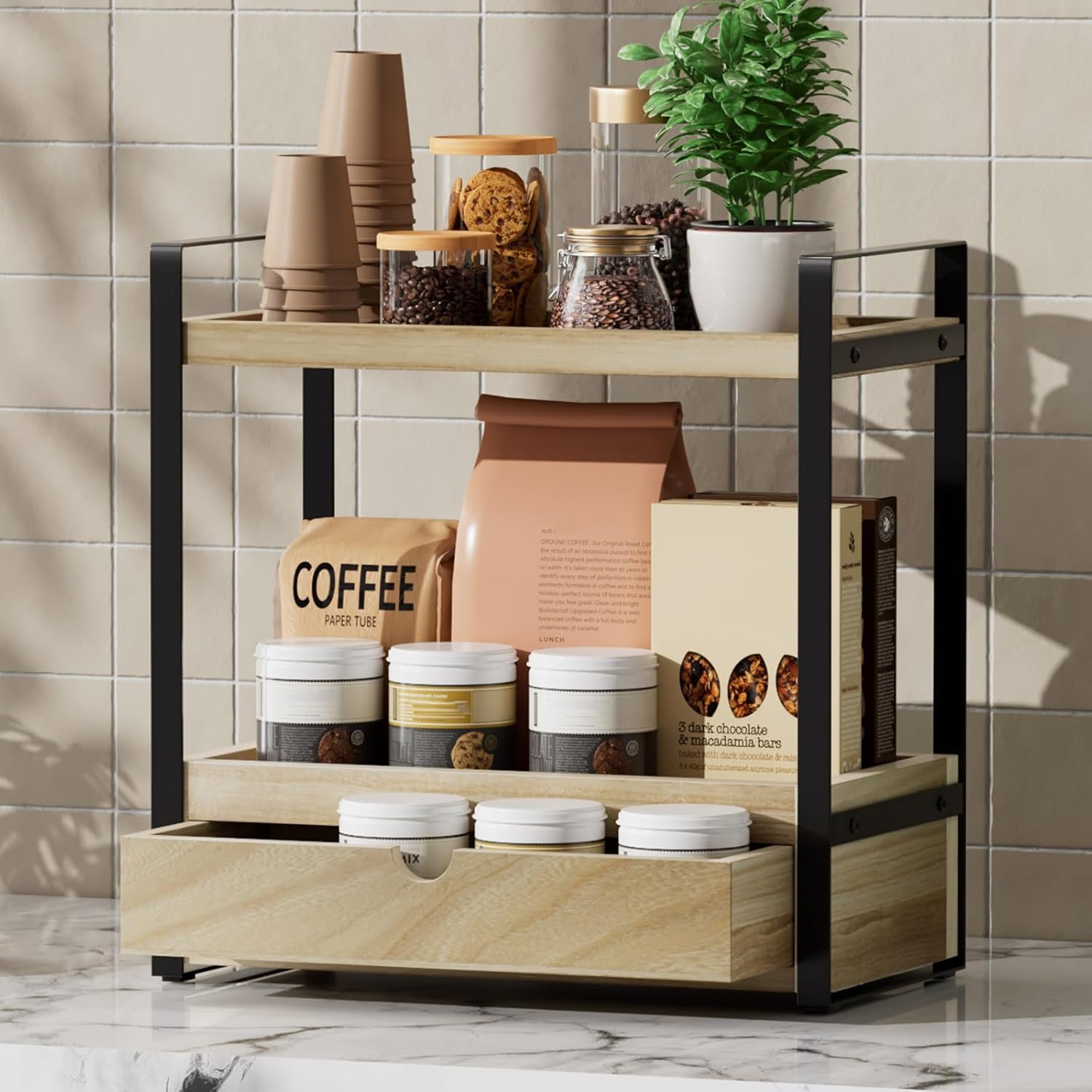 2-Tier Bathroom Organizer Countertop with Drawer, Wood Bathroom Counter Shelf for Storage, Vanity Organizer Countertop for Kitchen, Office - Image 2