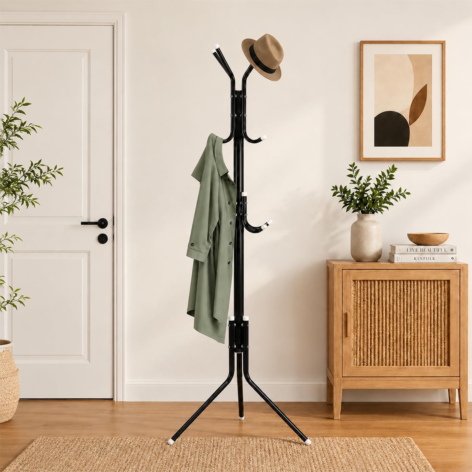 LEOPAX Heavy Duty Iron Coat Stand, 11 Hook Freestanding Cloth Rail & Garment Rack for Clothes, Bags, Hats, Umbrellas & Scarves, Metal Coat Hanger Stand for Bedroom, Entryway & Office, Black