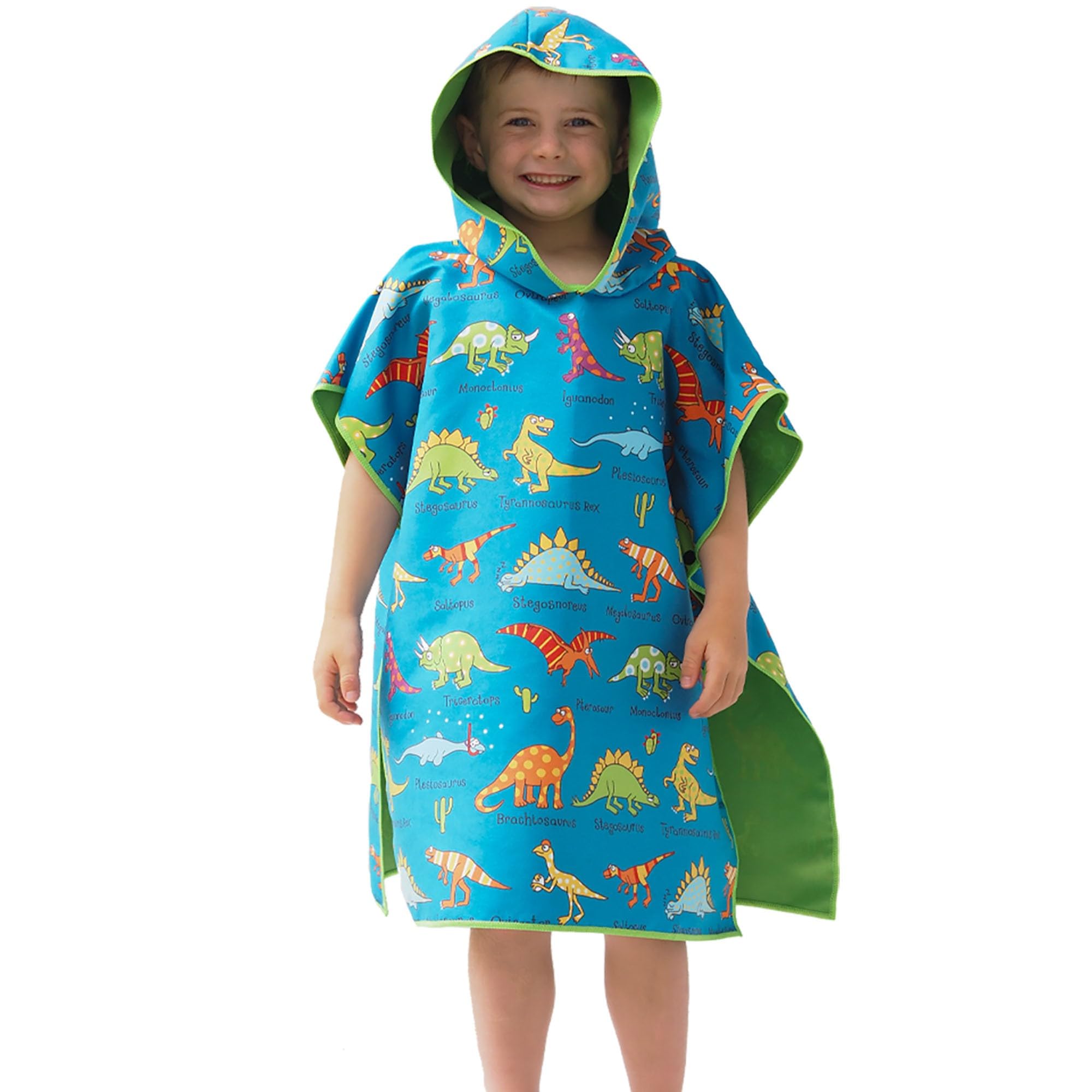 Tyrrell Katz Kids Dinosaur Hooded Poncho Towel, Blue, Microfibre, Quick Dry, Beach Swim Bath Changing Robe for Boys & Girls, Age 2-6