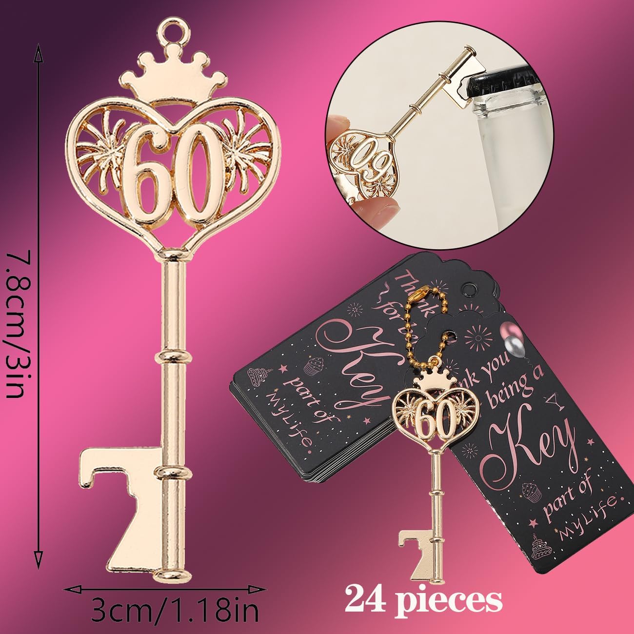 Golden 60th Birthday Favors Key Bottle Opener for Guests with Organza Bags and Tags,60th Beer Keychain Bottle Openers for Birthday Party Decoration Supplies (Black and Pink-60)