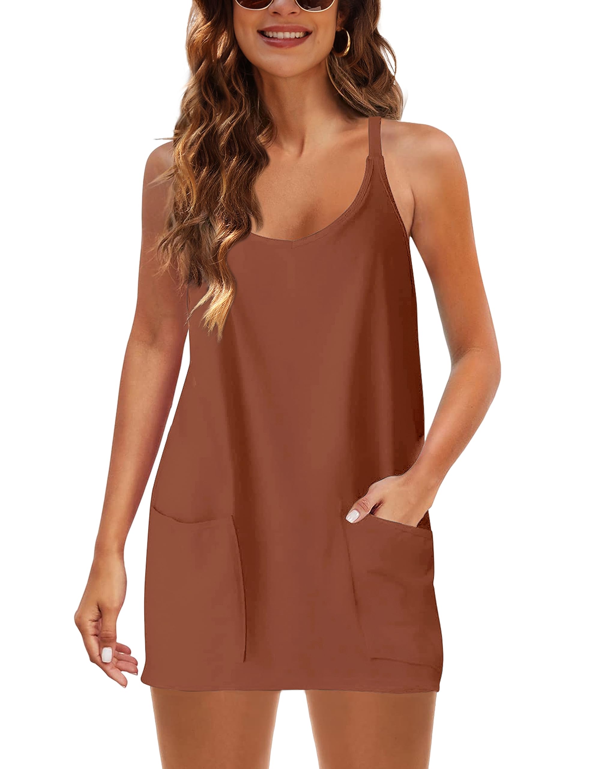 LTSCNRM Robe de tennis pour femme, mini robe d'entraînement, short intégré, sans manches, bretelles spaghetti, robes athlétiques de golf