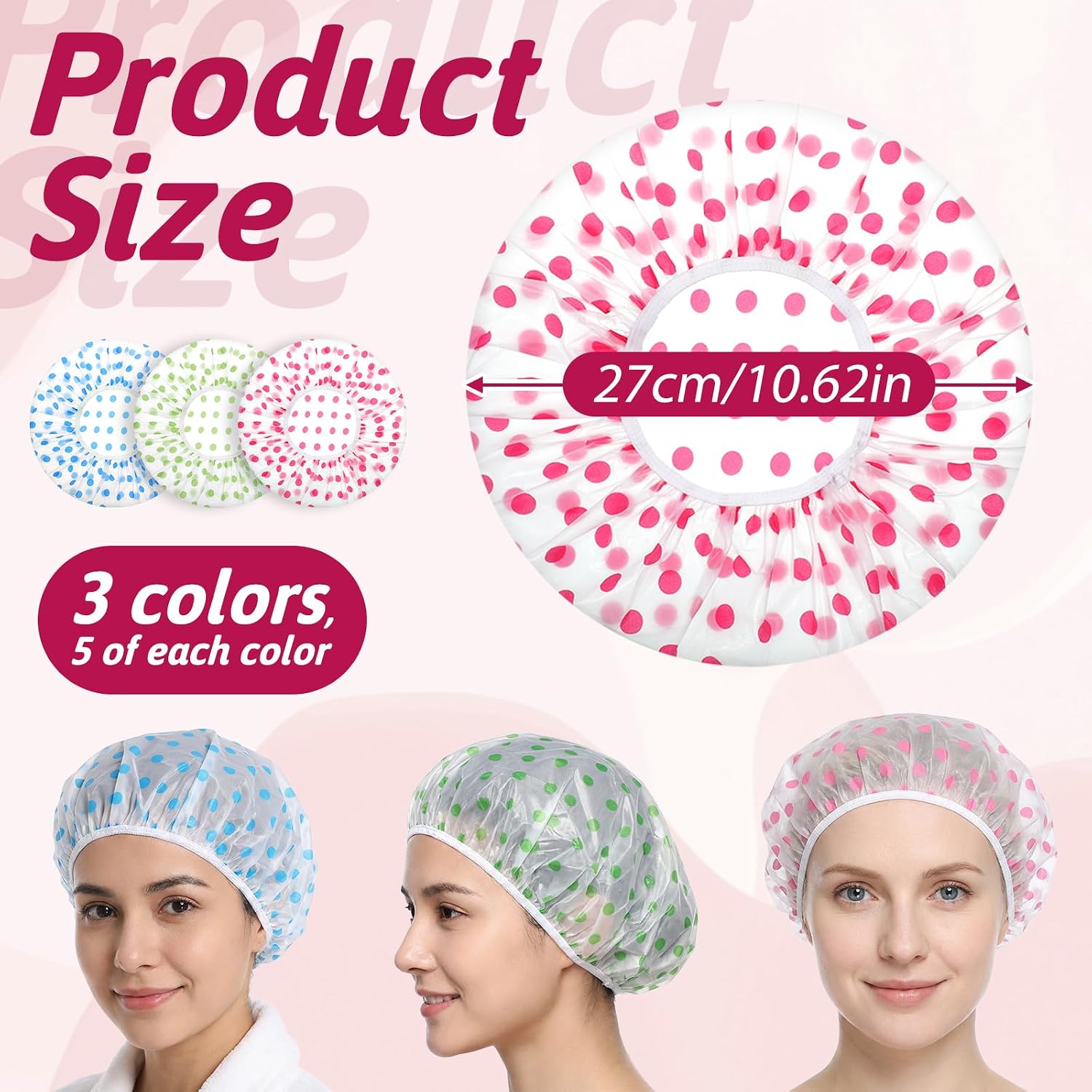 15Pcs Shower Caps, Waterproof Plastic Double Layers Shower Caps Reusable Bath Caps Elastic Band Bath Hair Caps for Women Kids