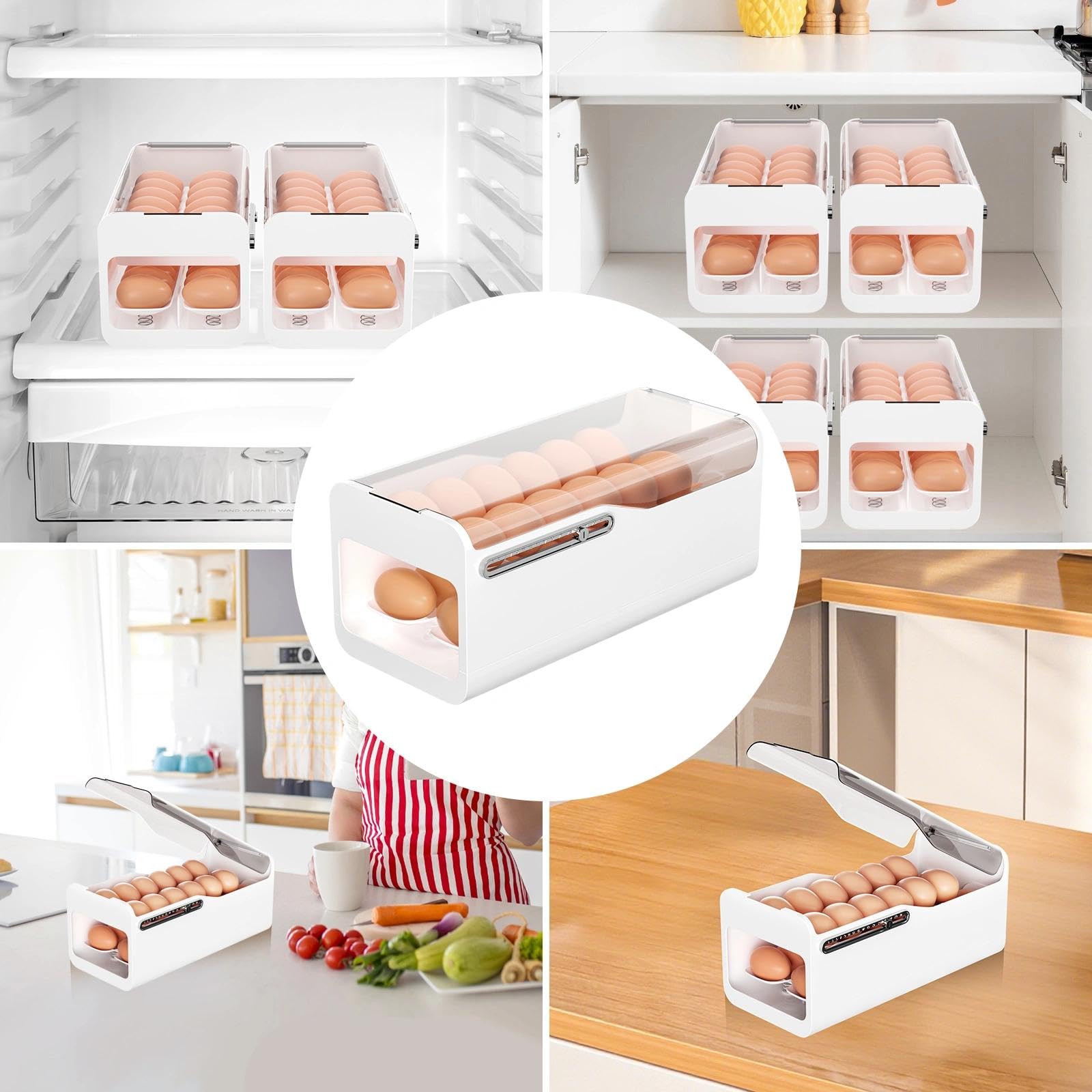 2 Niveaux Rangement Oeuf, Distributeur Oeuf Peu Encombrant, Boite a Oeufs en Plastique à Roulement Automatique, Distributeur Automatique d'Œufs(Capacité 28 Œufs, Blanc)
