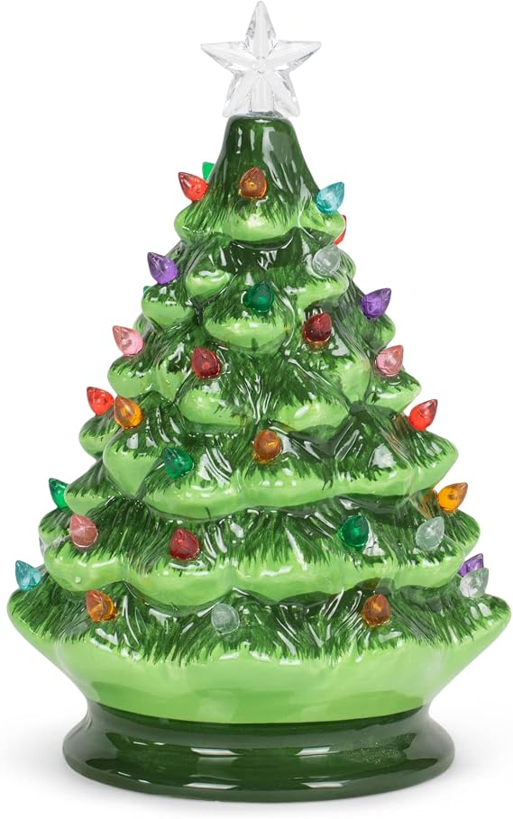 Raz Imports Vintage Green Lighted Ceramic Christmas Tree with Timer 8 Inch