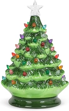 Raz Imports Vintage Green Lighted Ceramic Christmas Tree with Timer 8 Inch