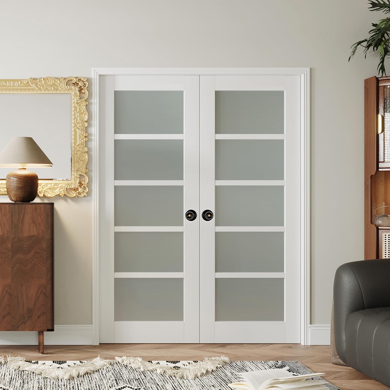 (32" x 2) x 80" Frosted Glass French Door Slab, White 5 Lite Pantry Door with Black Knobs &amp; Lock, Easy to Assemble Interior Doors for Bathroom, Bedroom, Laundry