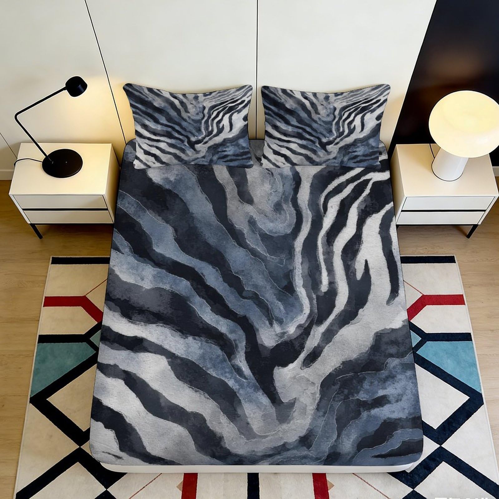 3D Printed Zebra Pattern Fitted Sheet Microfiber Soft Breathable Abstract Stripes Bed Cover for Bedroom Dormitory Guest Room Mattress Protection 200x200x25cm