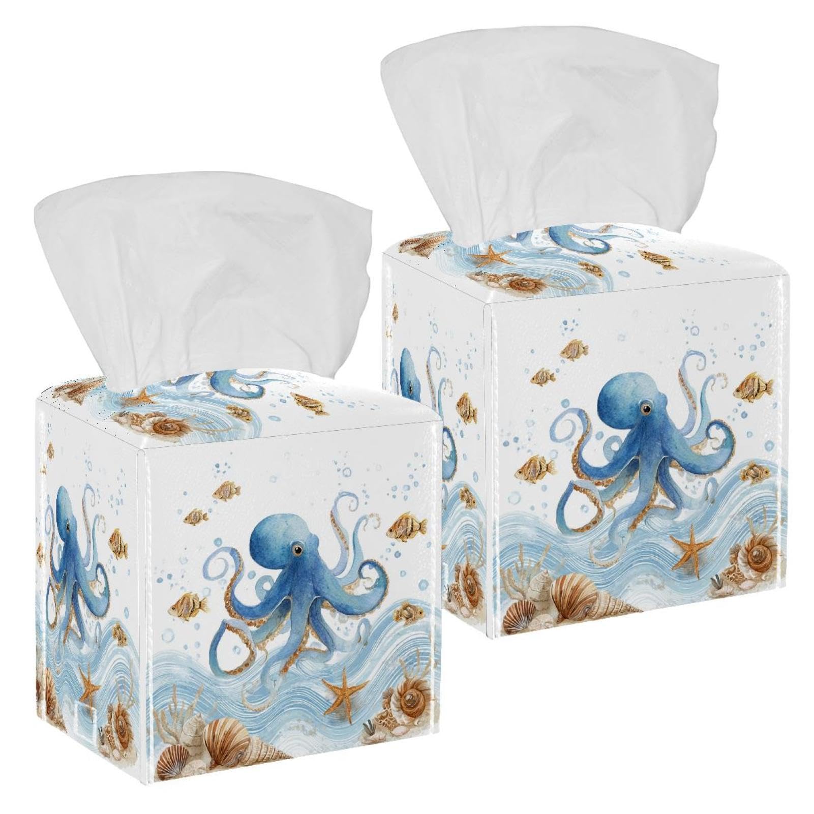 Octopus Tissue Box Cover, 2 Pack PU Leather Square Facial Tissue Dispenser Box holder for Home Office Car
